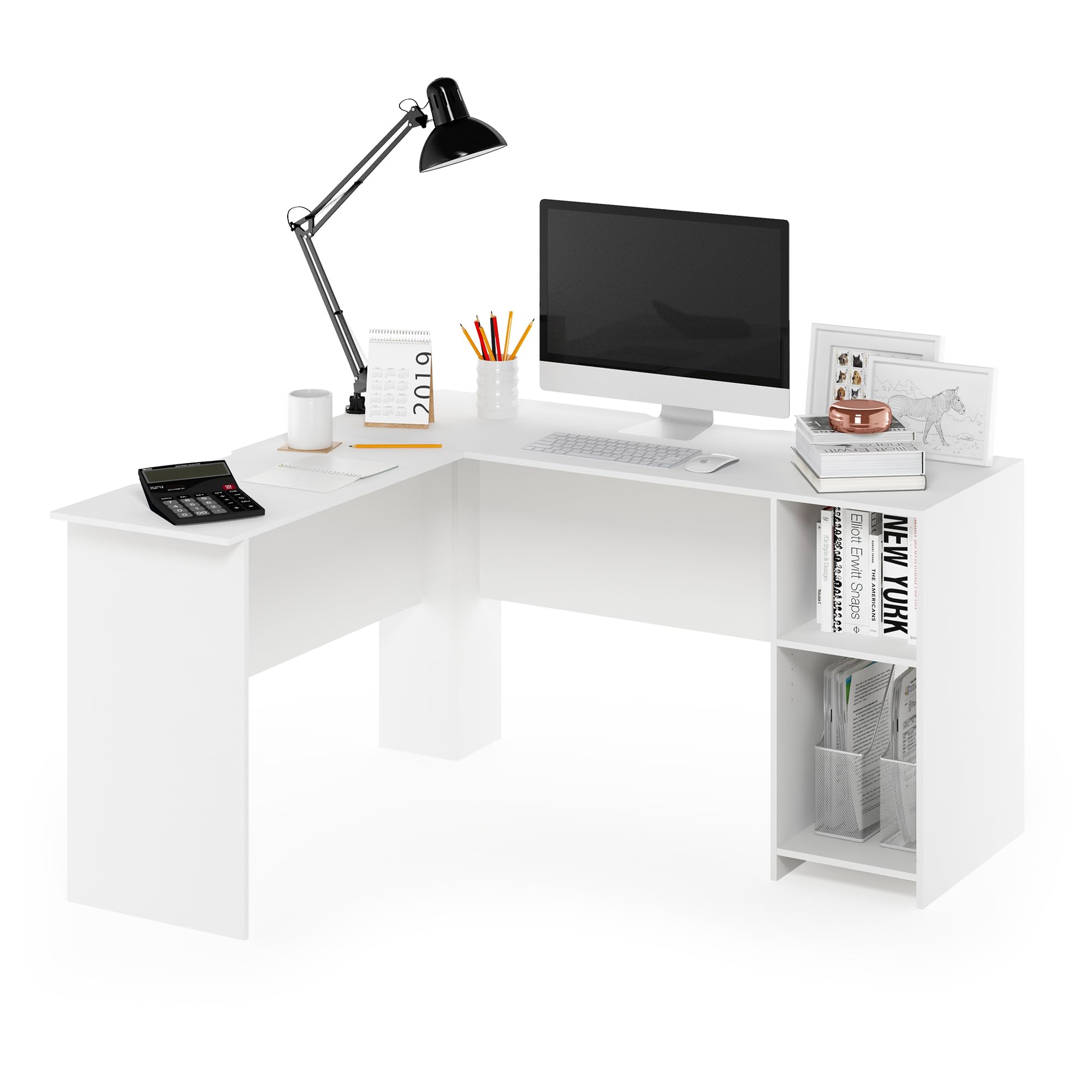 Furinno Indo L-Shape Escritorio, Madera, Blanco, 125.9 x 135.9 x 72 cm