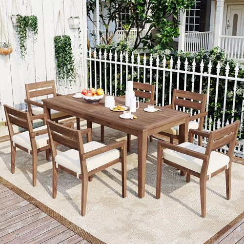 Acacia Wood Outdoor Dining Table & 6 Chairs Set - Patio, Balcony, Backyard Furniture (Burly Wood)
