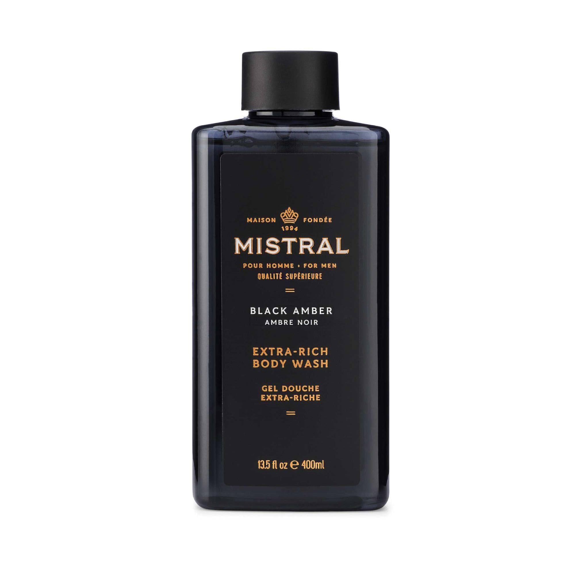 Mistral Men's Body Wash & Shampoo, Black Amber 13.5 oz | 2-in-1 Natural Shower Gel for Men | SLS, Paraben & Phthalate Free | Natural Men’s Body Wash,