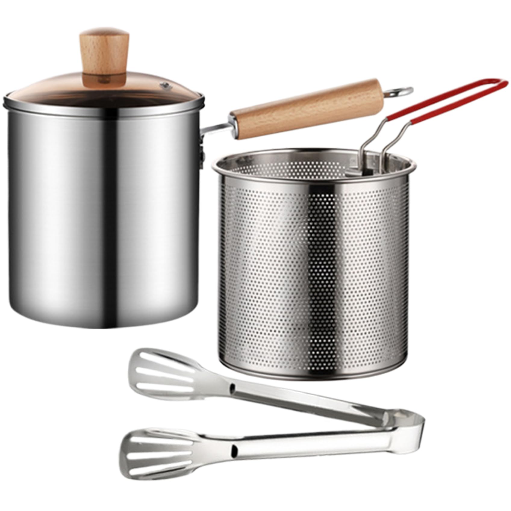 Bote de freidores de la estufa, la olla de freidora de acero inoxidable 3L con cesta de colador y mango, freidora superior con tapa y pinzas visibles para freír pollo y papas fritas