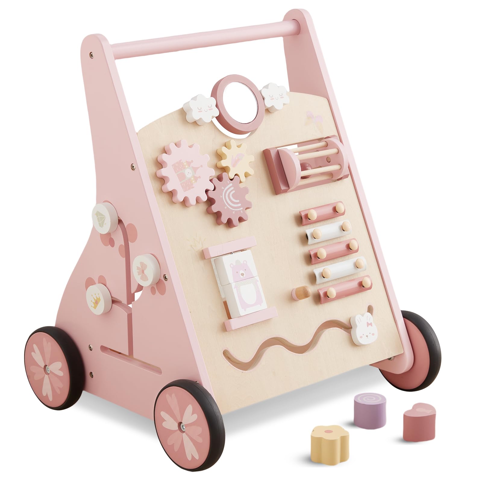 Beright Wooden Baby Walker Push and Pull Learning Activity Walker Kids’ Activity Toy Multiple Activities Center Develops Motor Skills & Stimulates Creativity(Pink)