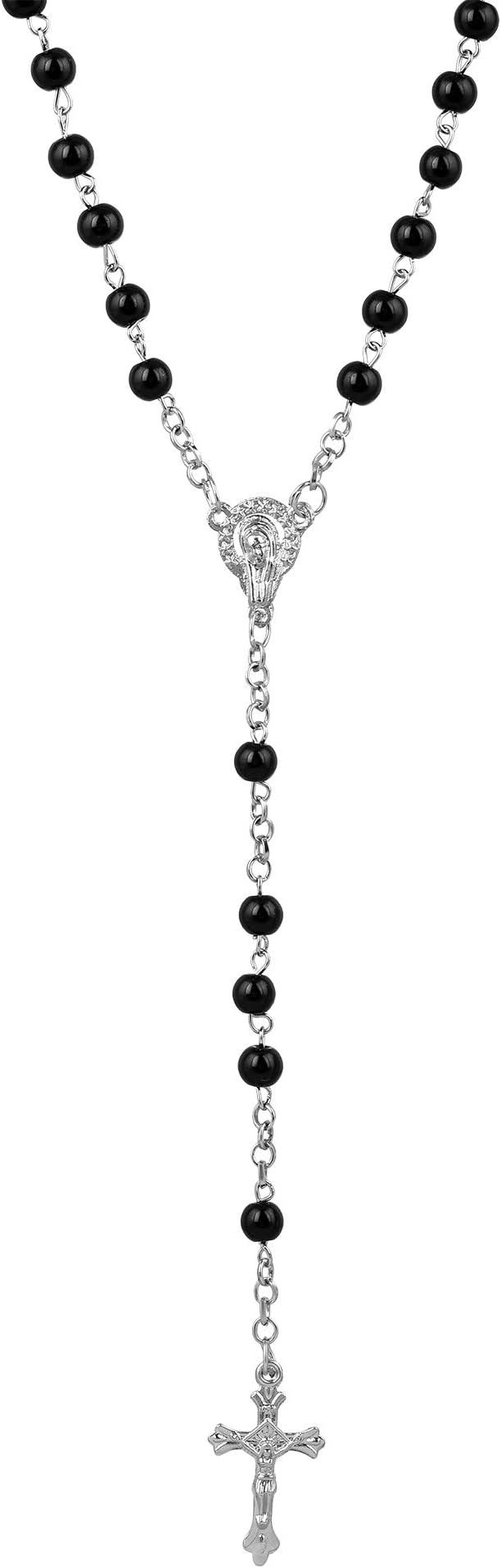 DzineTrendz Titanium Catholic Jewelry Religious 9mm Black Bead Jesus Cross Crucifix Rosary prayer bead mala Necklace Christian jewellery Men Women Boys Girls