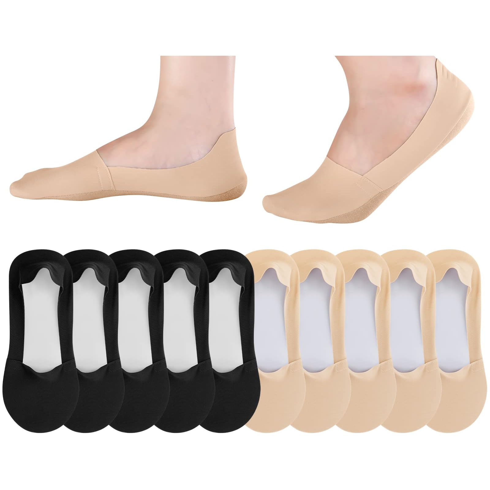 GROONFEIRNo Show Socks - 10 Pairs Low Cut Liner for Women Men, Non Slip Ice Silk Invisible Thin Socks for Flat Boat, Most Size 5 Black 5 Skin Color