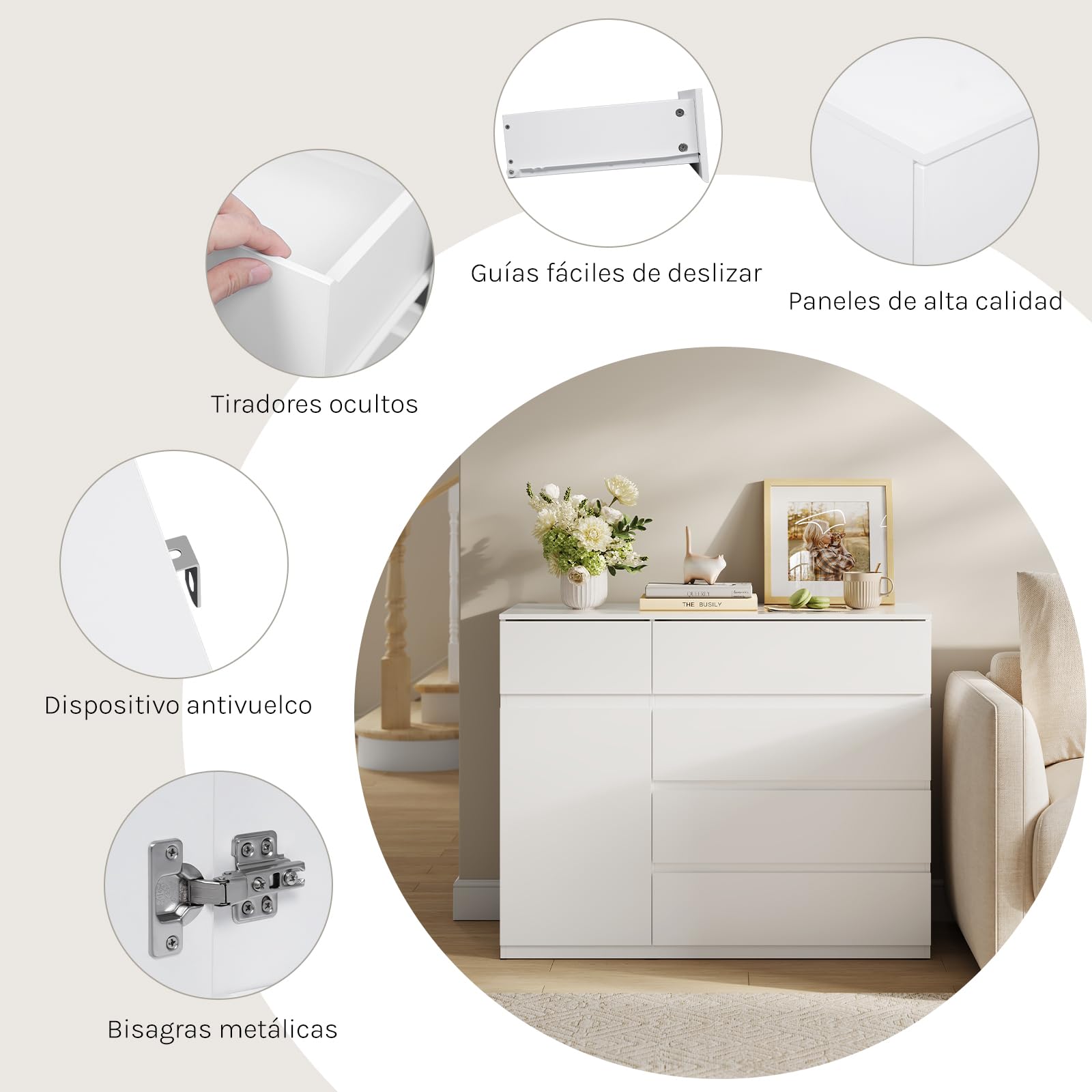 WOLTU Cómoda Cajonera de 5 Cajones y 1 Puerta con Estante Ajustable, Cajonera Organizador de Almacenamiento, para Dormitorio, Salón y Pasillo, 100x40x80 cm, Blanco