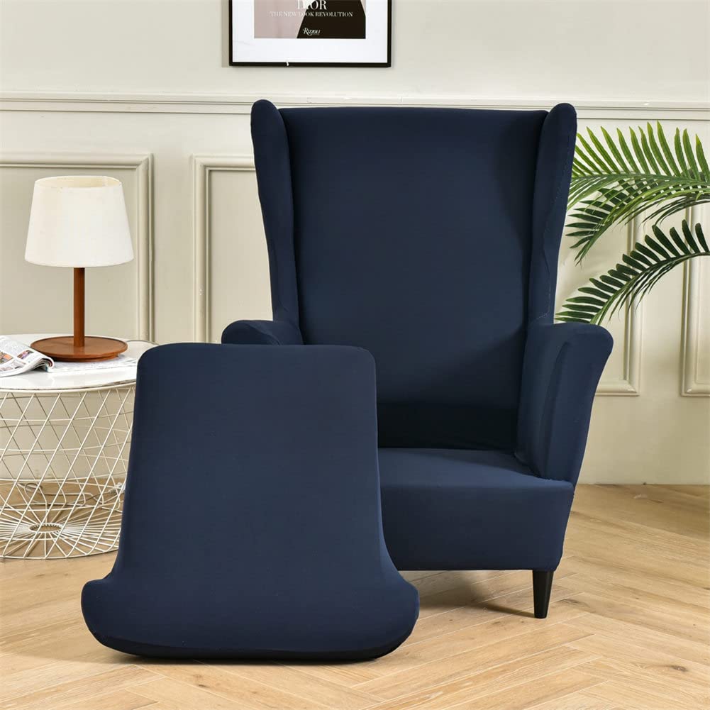 Highdi 2 Pezzi Copripoltrona con Orecchie Elasticizzato, Copridivano da 1 Posto con Fodera per Cuscino, Lavabile Rimovibile per Bar Soggiorno Camera da Letto Reception (Barocco Blu