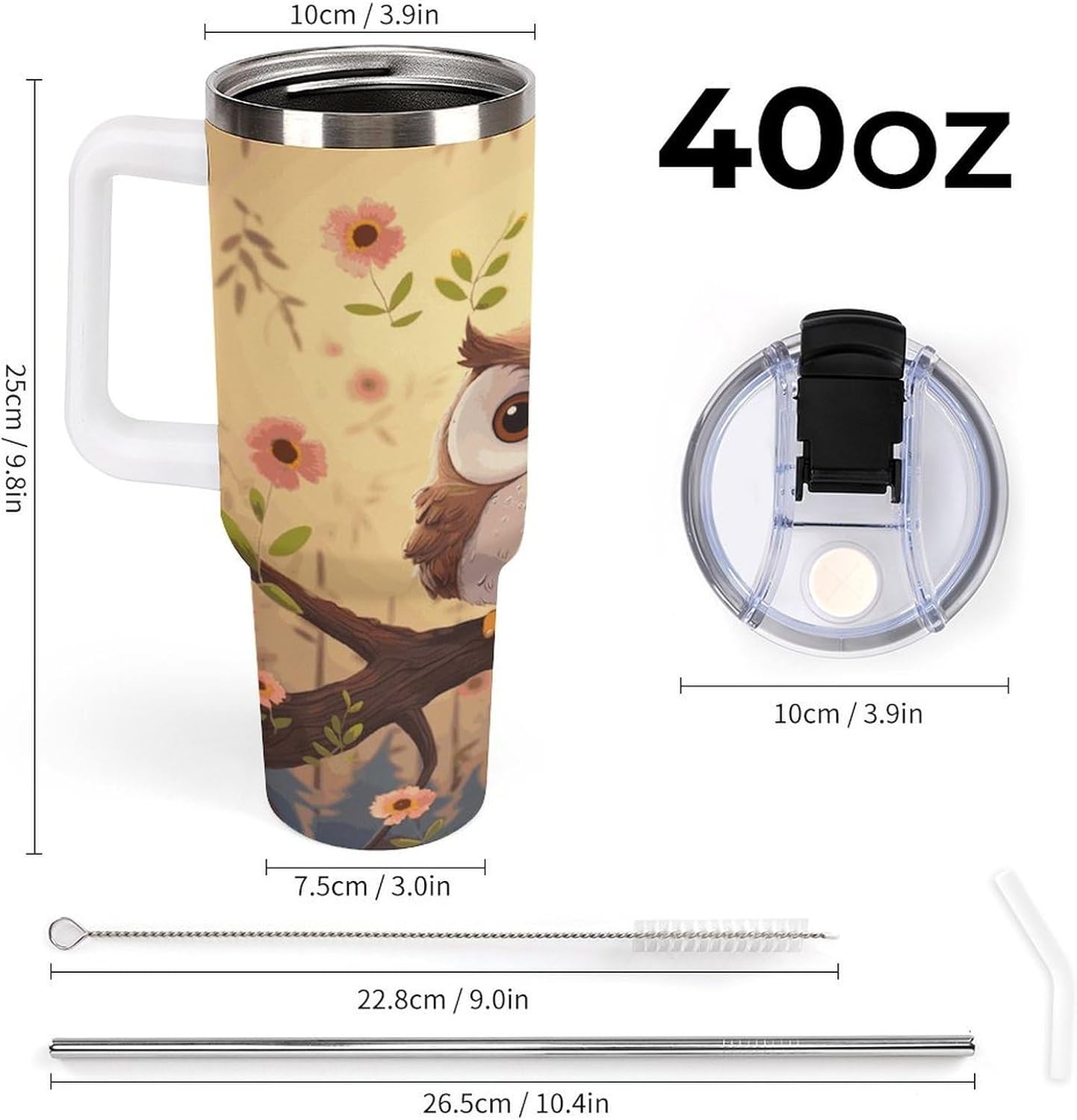 Cute Owl Travel Coffee Mug Reusable Durable Stainless Steel Insulated Tumbler with Handle And Straw Leak Resistant Portable Thermal Cup Gifts for Men Women 40 Oz