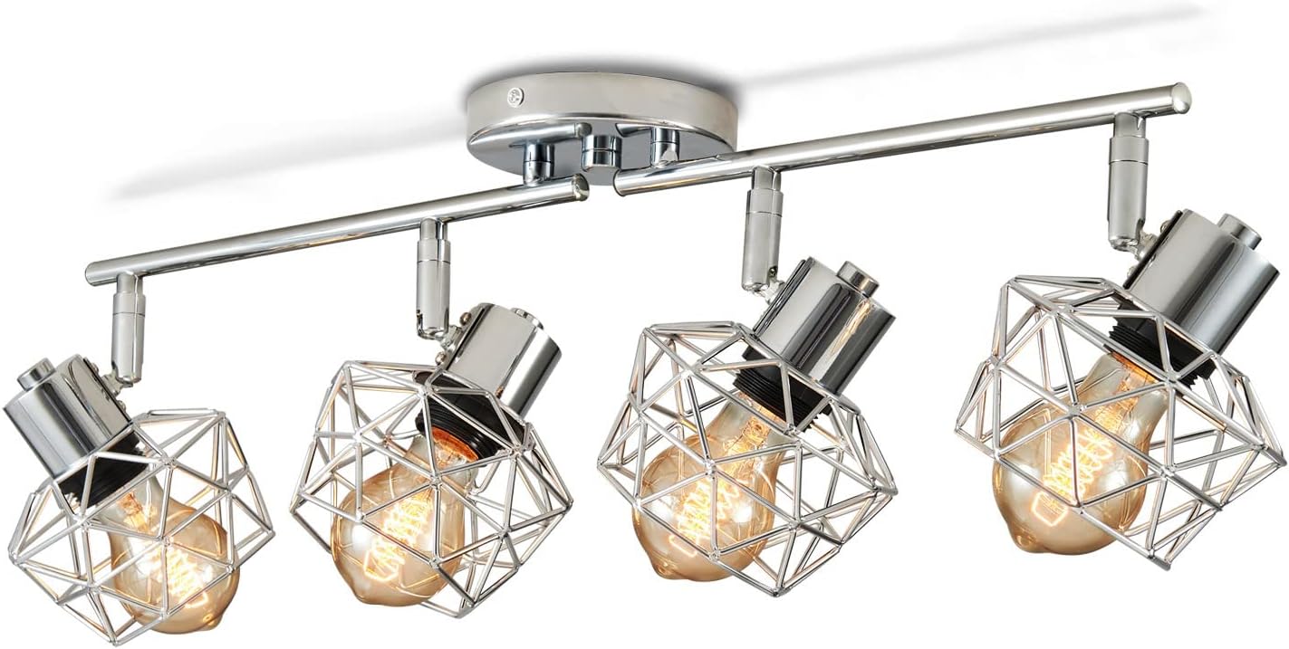 4-Light Adjustable Ceiling Light Kitchen Island Fixed Track Lighting Kit, Wire Cage Lamp Shade Black Chandelier, Hallway Bedroom Farmhouse Directional Ceiling Lamps/Svart