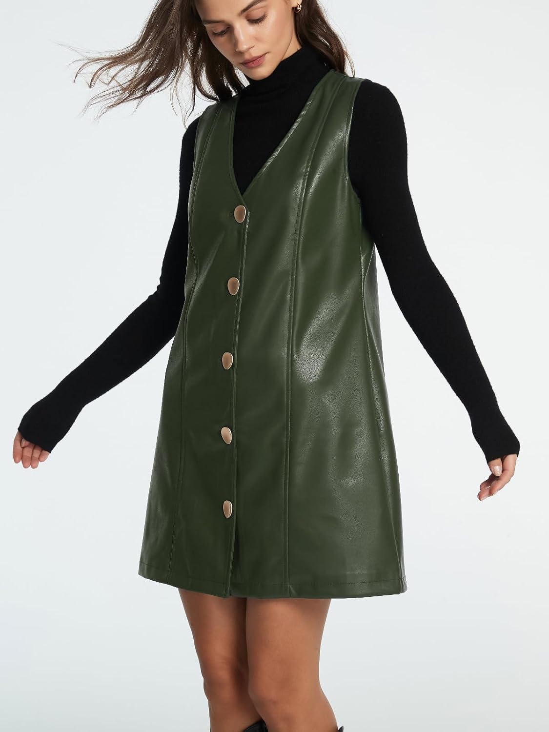 Women Faux Leather Mini Dress Sleeveless V Neck Button Down Pinafore Dress - Image 3