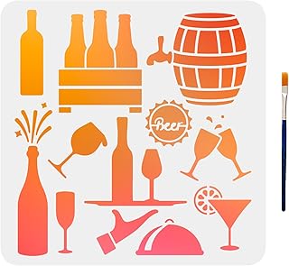 MAYJOYDIY Wine Glass Stencil Wine Bottle Stencil Cheers Beer Cocktail Pattern Wine Champagne Bottle Template 11.8×11.8inch with Paint Brush Kitchen Home Party Decor Walls Wood Signs