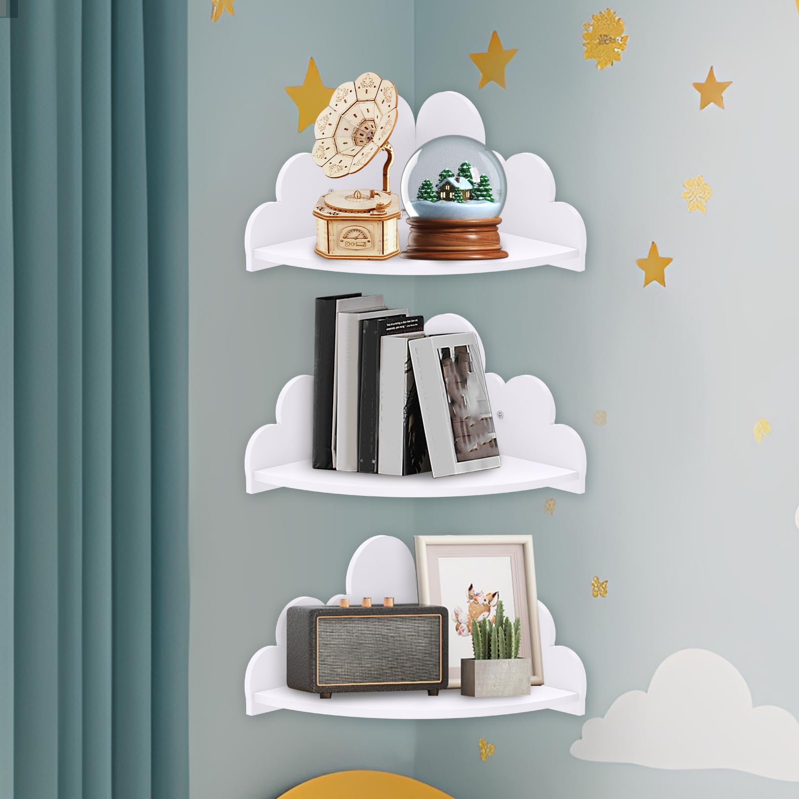 YUNYOUC Cloud Corner Shelves Set of 3, White Floating Wall Mounted Storage Display Shelf, Kids Room Nursery Wall Decor for Books, Toys and Ornaments(White TypeA)