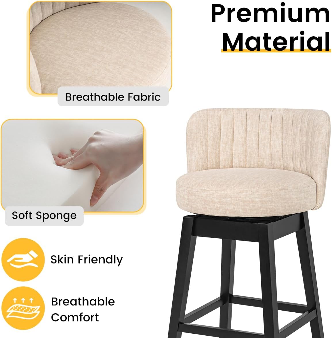 COCO DESIGN Swivel Bar Stools Set of 2, 30" Bar Height Mid Century Modern Barstools with Back, Velvet Upholstered Seat and Solid Wood Legs, for Bar Kitchen Island, Cream Beige