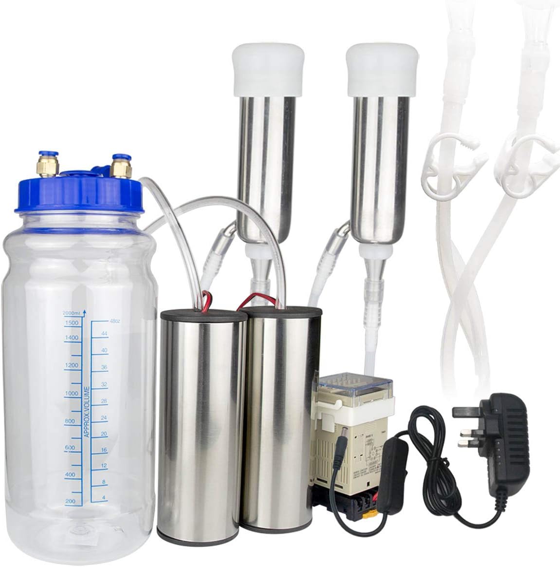 Milking Machine for Cow, Portable Electric Cow Milker Milking Machine with 2 Teat Cups, Operating Time Setting Device, 2L Stainless Steel Milk Bucket, Food Grade Hose (for Cow 2L)