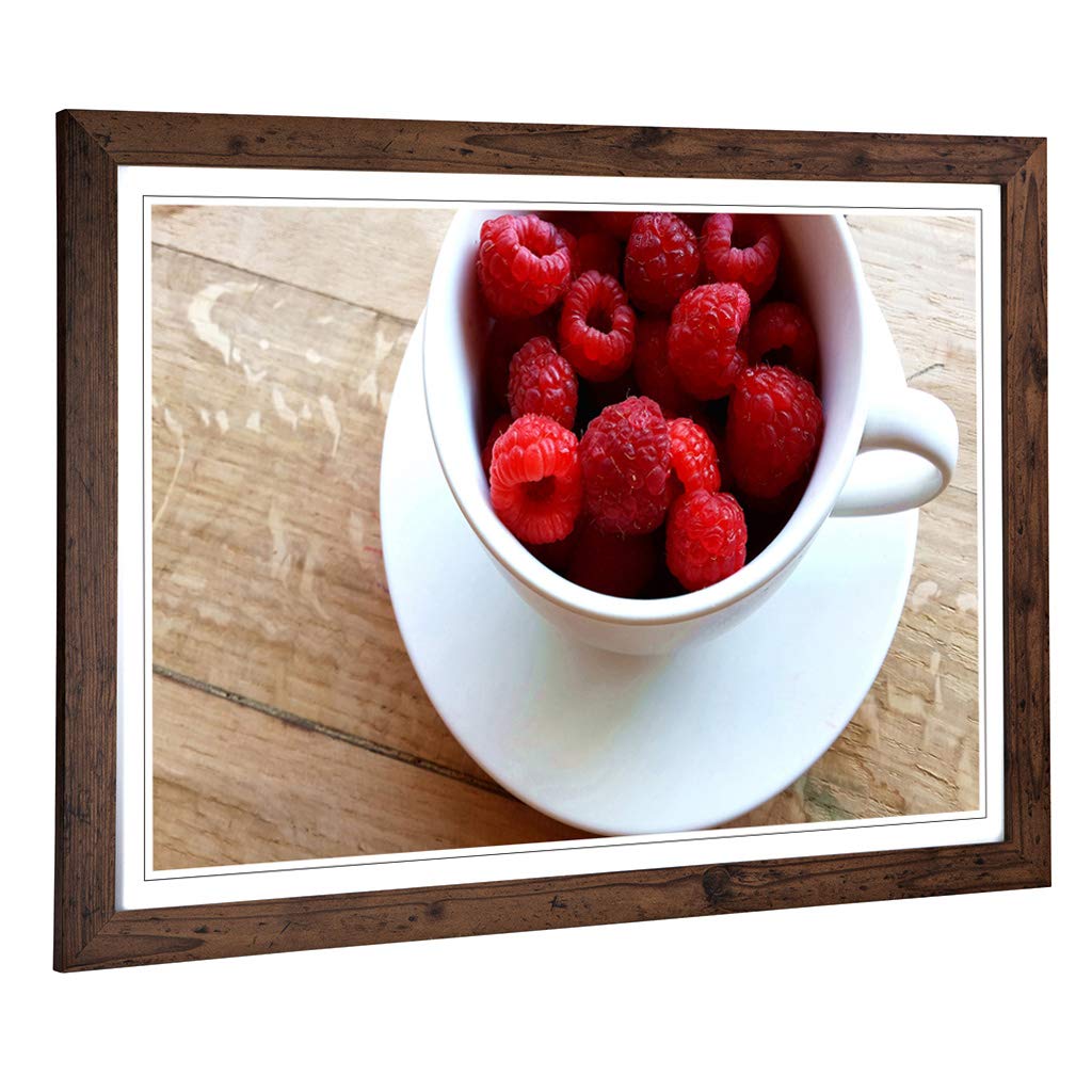 Big Box Art Framed Print of Rasberries in a Cup Design | Wall Art Picture | Home Decor for Kitchen, Living, Dining Room, Lounge, Bedroom, Hallway, Office, Walnut, A2 / 24.5x18 Inch / 62x45cm