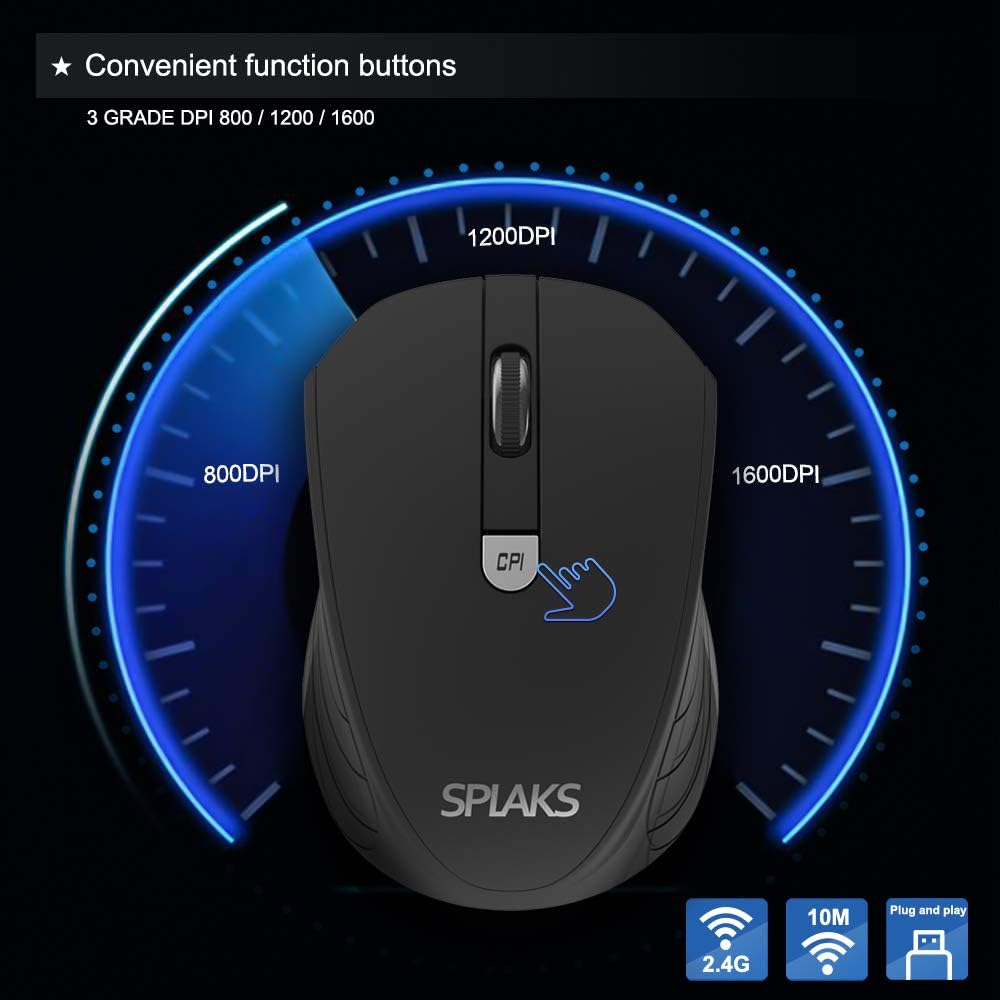 Wireless Optical Computer Mouse, Splaks 2.4Ghz Wireless Mice Portable Office Mouse, Left or Right Hand Mouse 3 Adjustable DPI, 4 Buttons with Nano USB Receiver for Computer, Laptop, MacBook