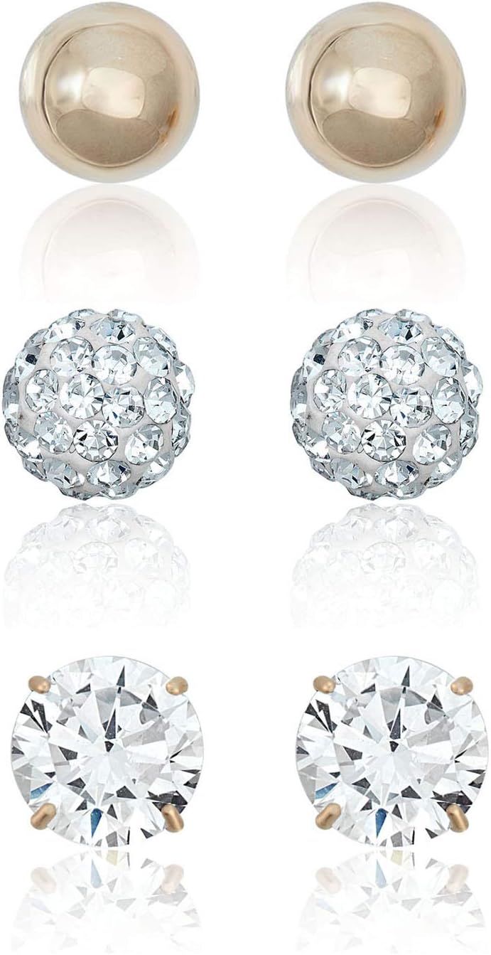 AVORA 10K Yellow Gold Polished Ball, Crystal Ball and Simulated Diamond CZ Three Pair Earrings Set