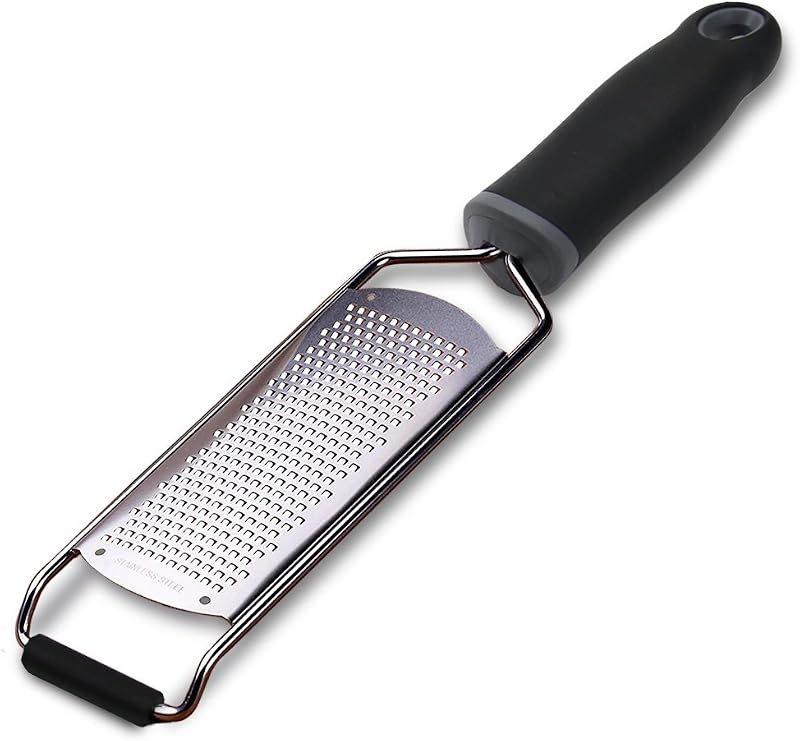 Wide Lemon Zester & Cheese Grater, 18/8 Stainless Steel with Cover, Black | Extra-wide Fine Grating Surface for Citrus, Parmesan, Ginger and Garlic, 18/8 Stainless Steel Blade, Non-slip Top Pads, Cover