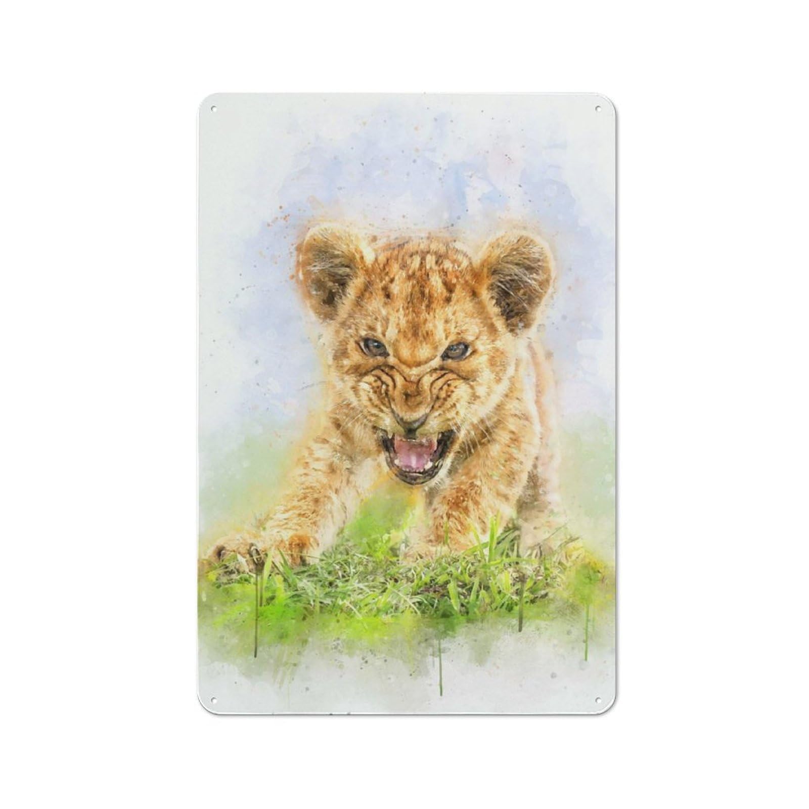 Vintage Angry Lion Baby Watercolor Metal Wall Sign 30x20cm, Shed Wall Plaque for Garage, Workshop, Shed Or Utility Room