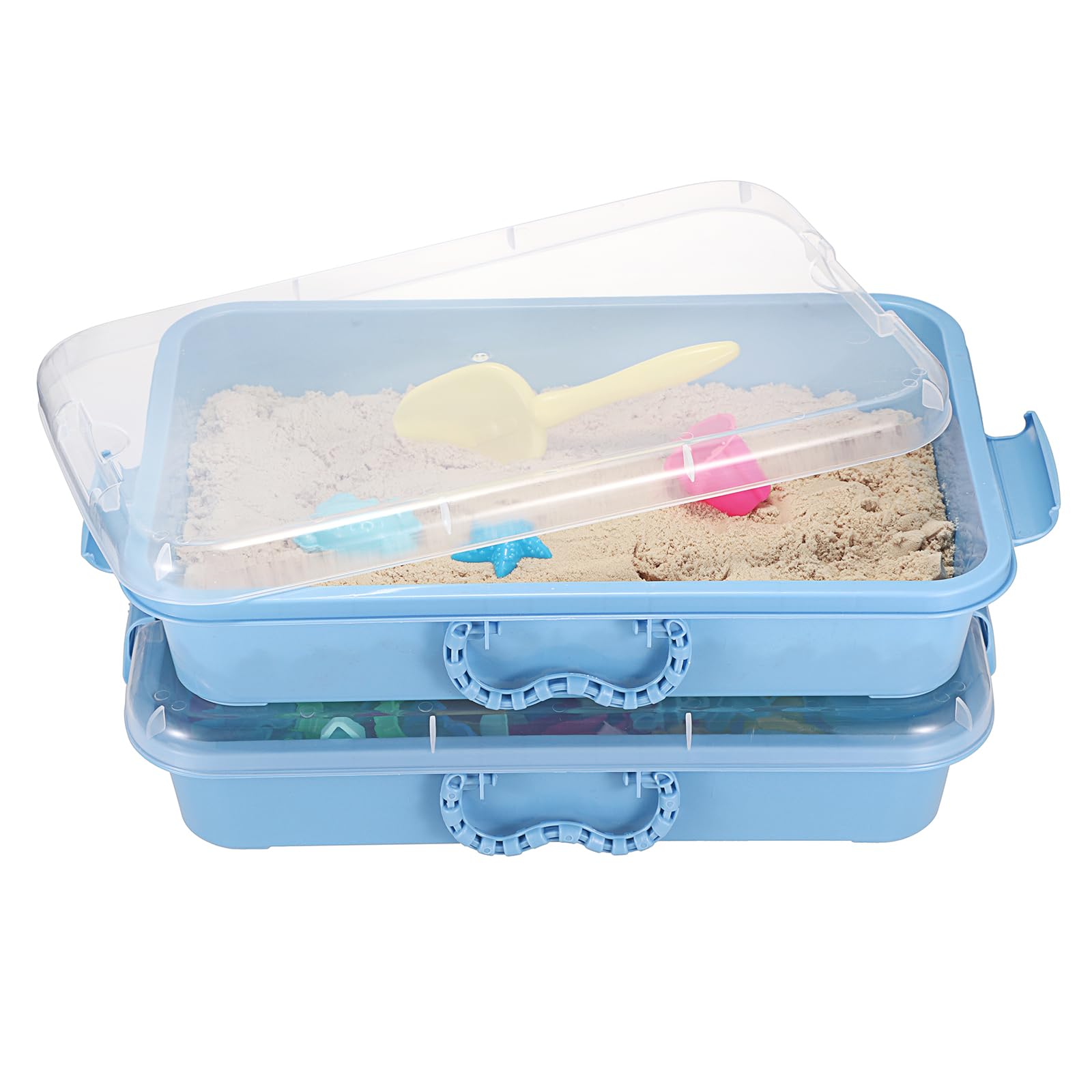 OGANAZI 2 Pack Portable Sand Trays with Lid&Handles Plastic sandboxes Sensory Bins Play Tray for Indoor Outdoor Sensory Activities, 38 * 25 * 8cm, Blue