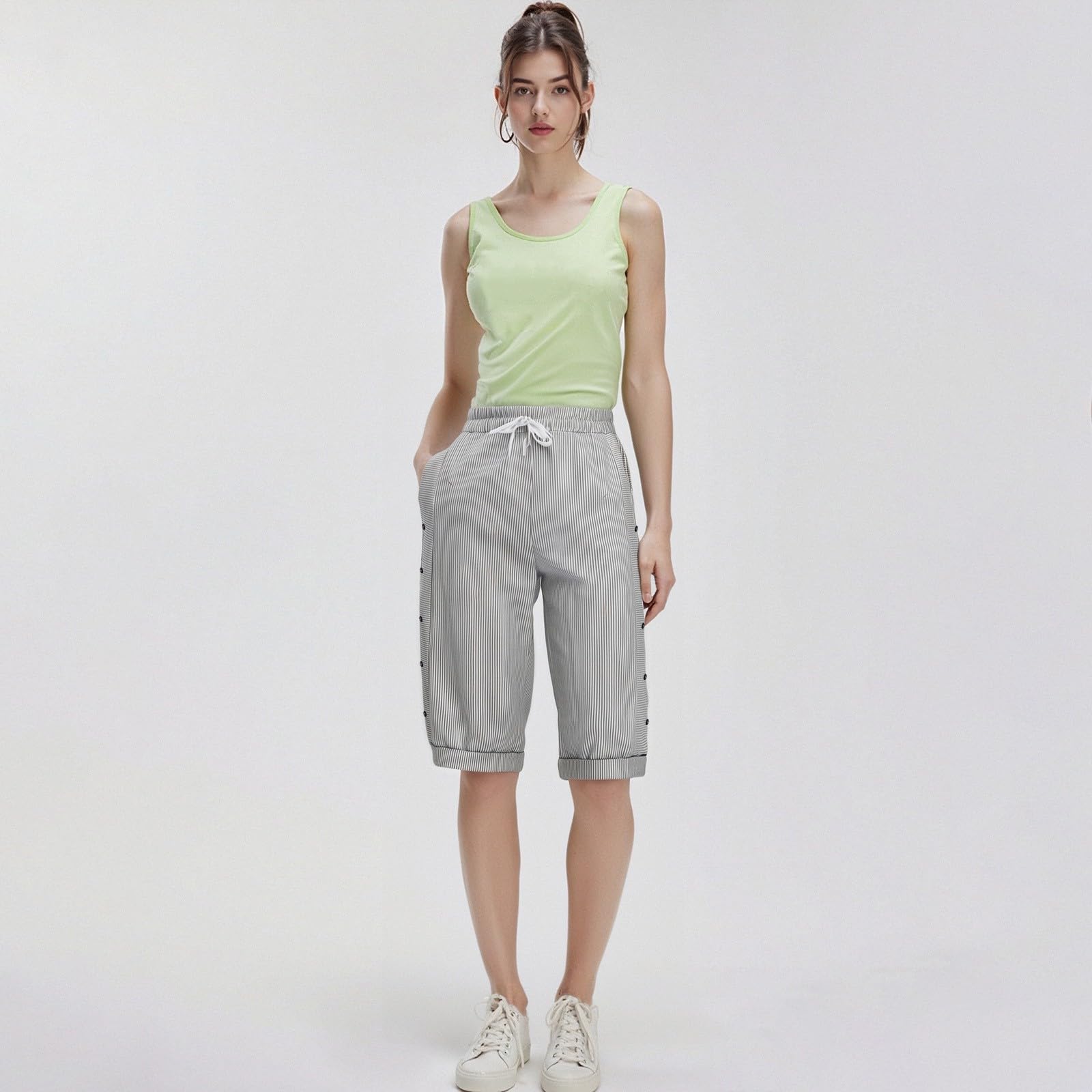 Bermuda Shorts for Women Knee Length Long Striped Linen Shorts Drawstring Elastic Waist Pinstripe Wide Leg Capri Pants Lightweight Summer Beach Capris with Pockets Linen Striped Pants Pedal Pushers