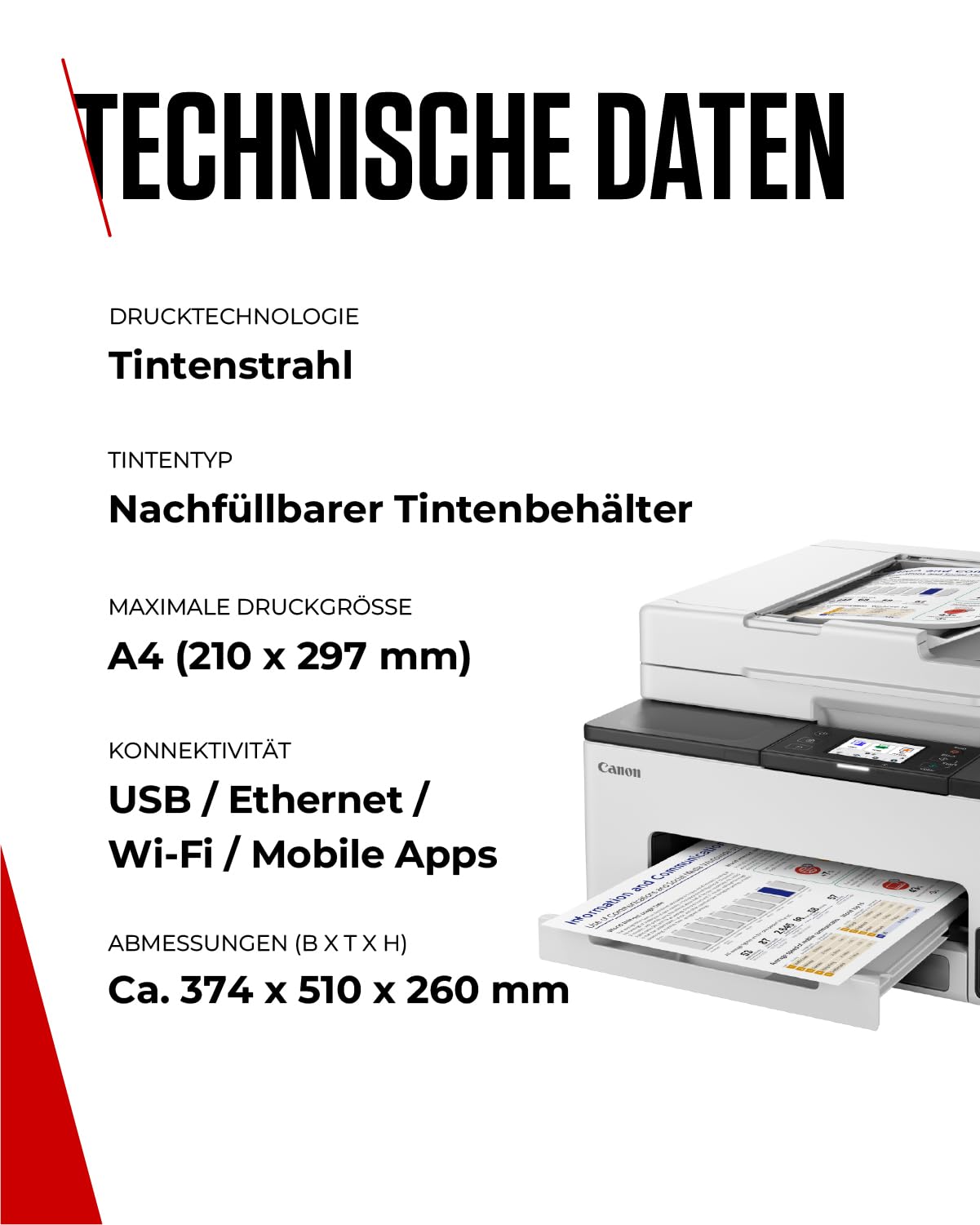 Canon MAXIFY GX2050 Tintenstrahldrucker 4-in-1 Multifunktionsgerät DIN A4 (Drucker, Scanner, Kopierer, Fax, ADF, 600x1200 DPI, WLAN, USB, 15/10 ISO-Seiten/Min., Duplexdruck, 250 Blatt Kassette) weiß