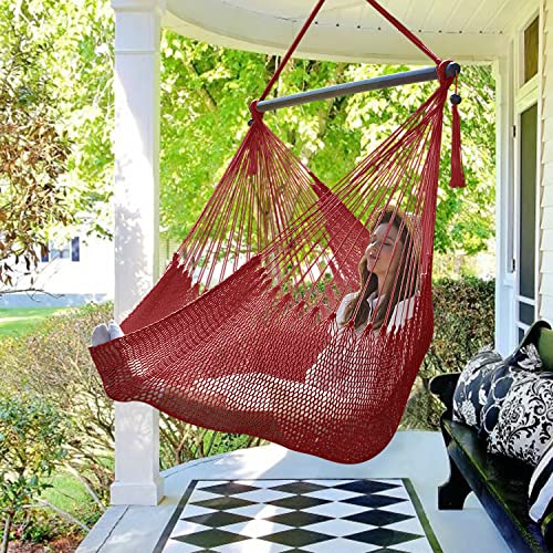 Image of Bathonly Large Hammock Chair with Spreader Bar, Caribbean Hammock Swing Chair, XL Hammock Chair Outdoor Indoor, 330 LBS Weight Capacity, Red