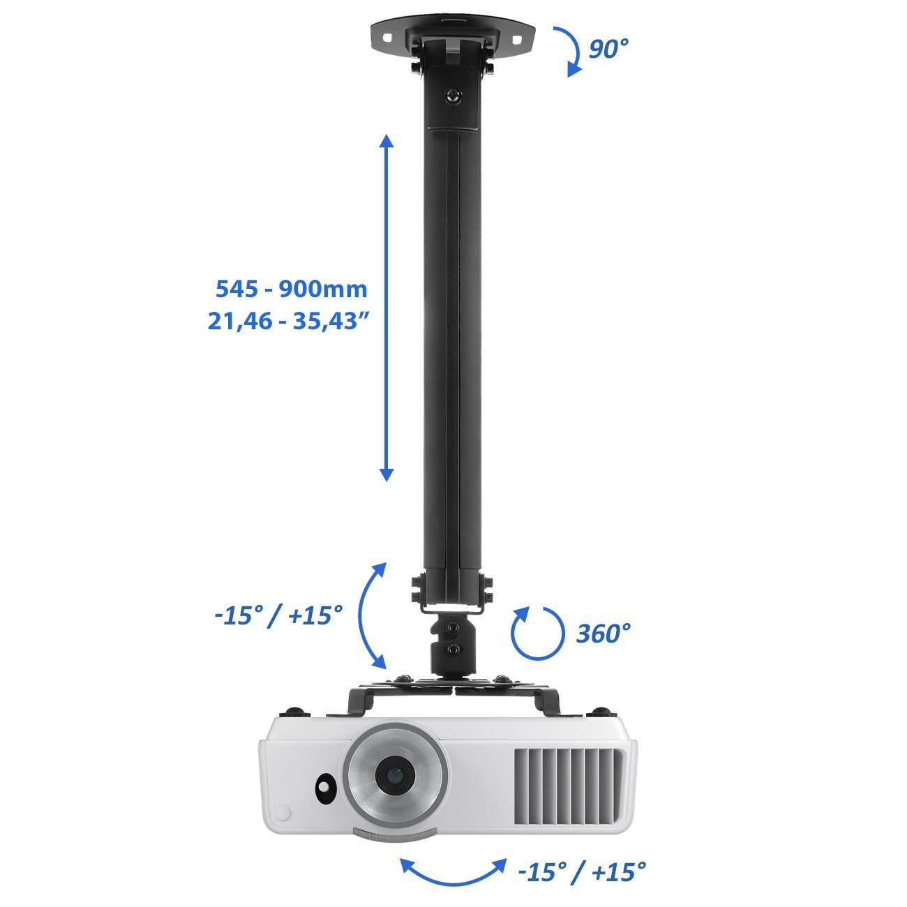 deleyCON Supporto per Videoproiettore Universale da Soffitto Inclinabile di +/- 15° Girevole a 360° Portata 13,5Kg Regolabile in Altezza da 545mm a 900mm - Nero