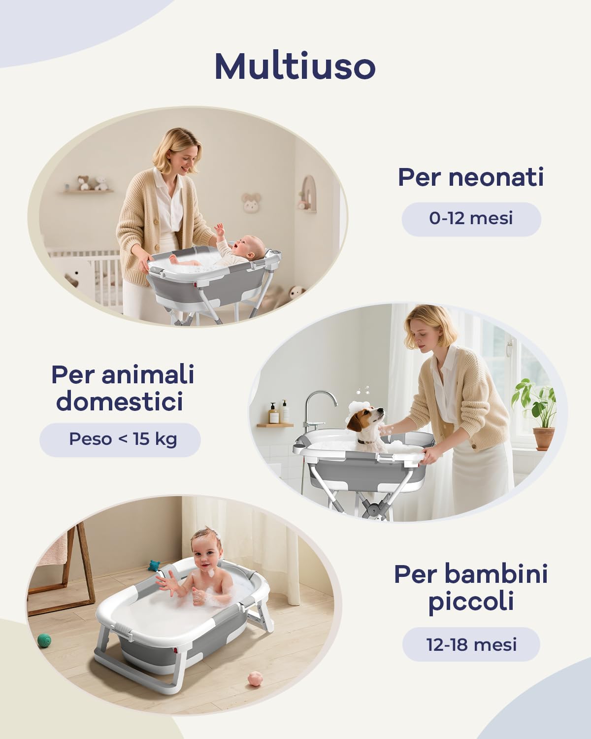 2 in 1 Bagnetto neonato con supporto, vaschetta da bagno con rete di sostegno per neonati e bambini piccoli, design multiuso e pieghevole per riporla facilmente, grigia