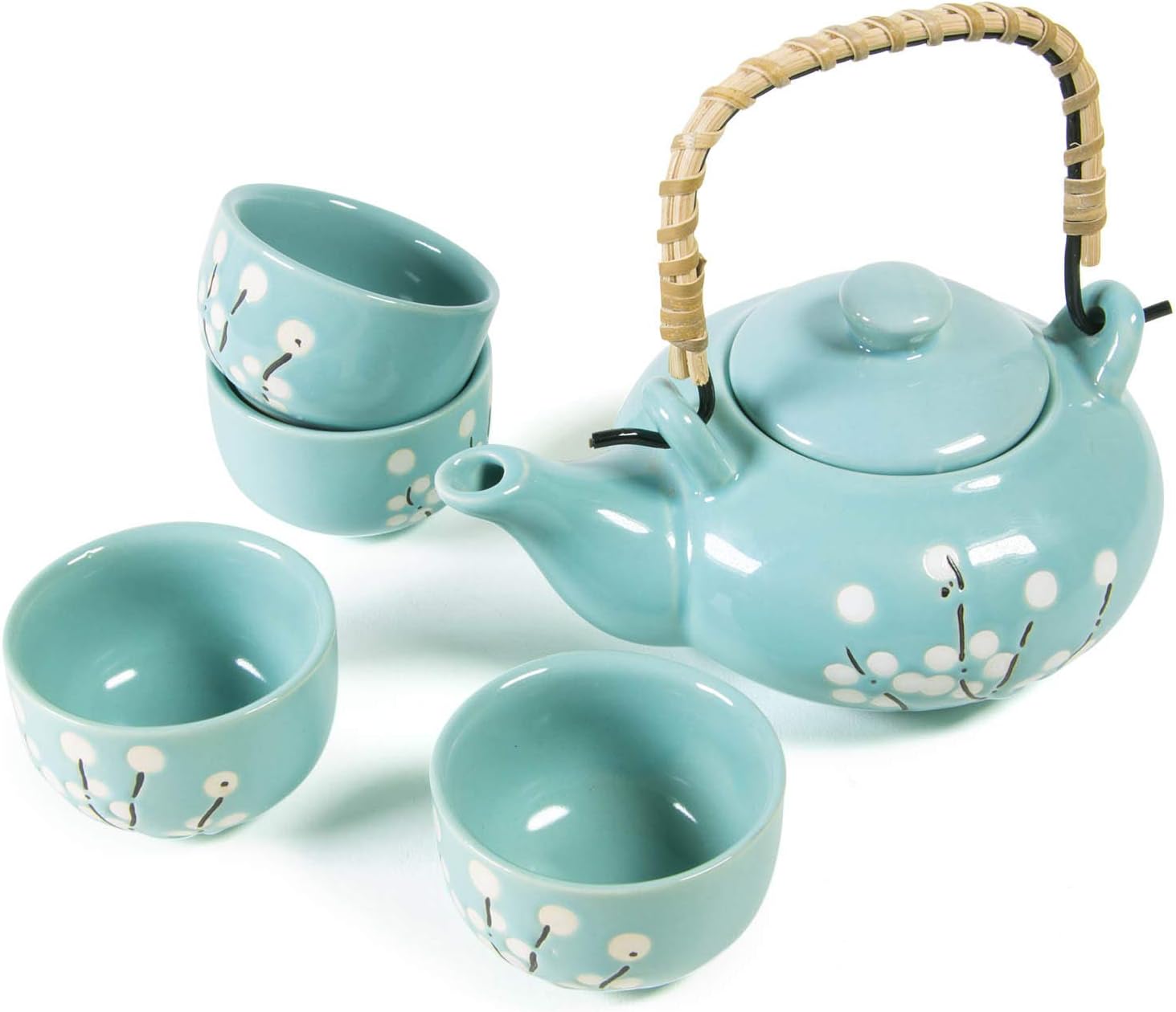 Japanese Tea Set, Artisanal Handmade Ceramic Teapot and Cups Set (4 Cups + Teapot with Handle) - Teal White Flower Cherry Blossom Design