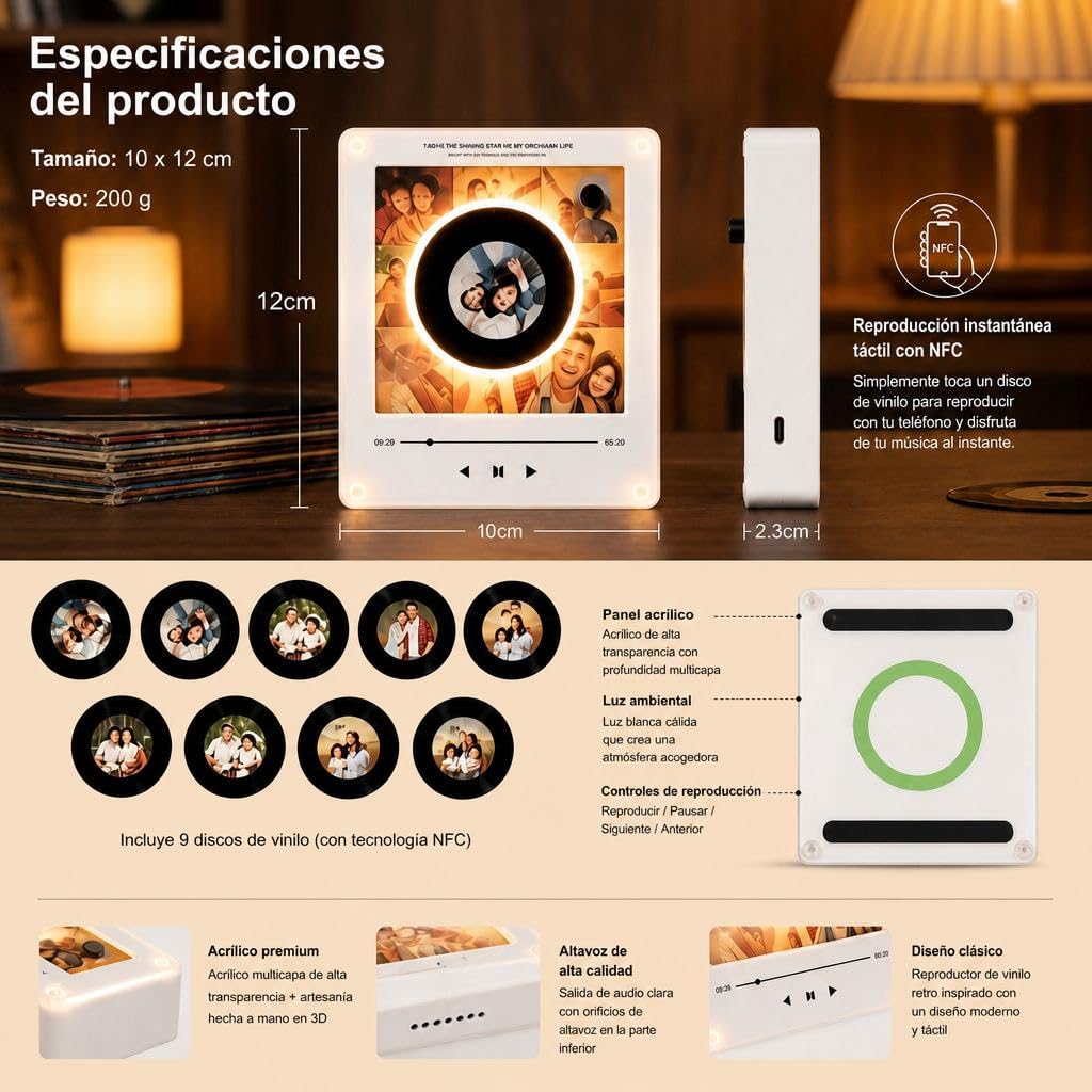Imanes Personalizados Nevera con Música y Foto Reproductor de Música con 9 Mini Vinilos, Marco Fotos Magnético Luz LED, Caja Música NFC Regalo Aniversario Pareja