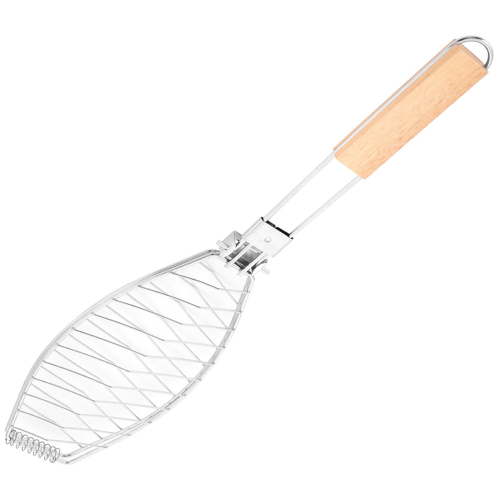 jiingekk Foldable Steel Grilling Basket BBQ Clip Net with Natural Wood Handle for Seafood Vegetables Meat Wooden Handle Barbecue Clip Tool