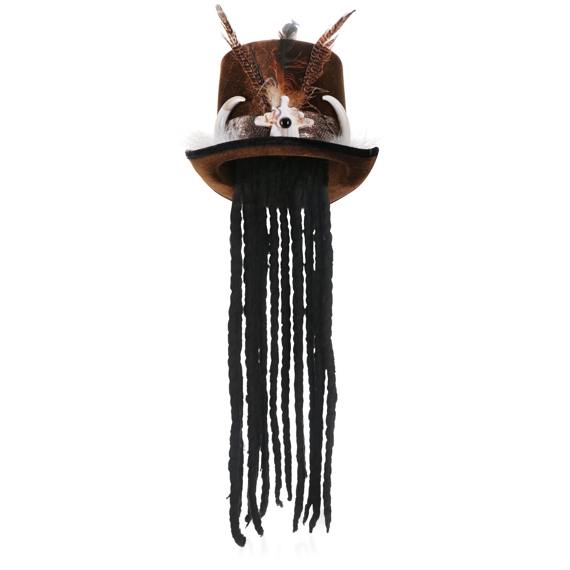 com-four Sombrero vudú-Tocado para carnaval, halloween y fiestas temáticas -Sombrero marrón con plumas, huesos y rastas (schwarze Dreads)