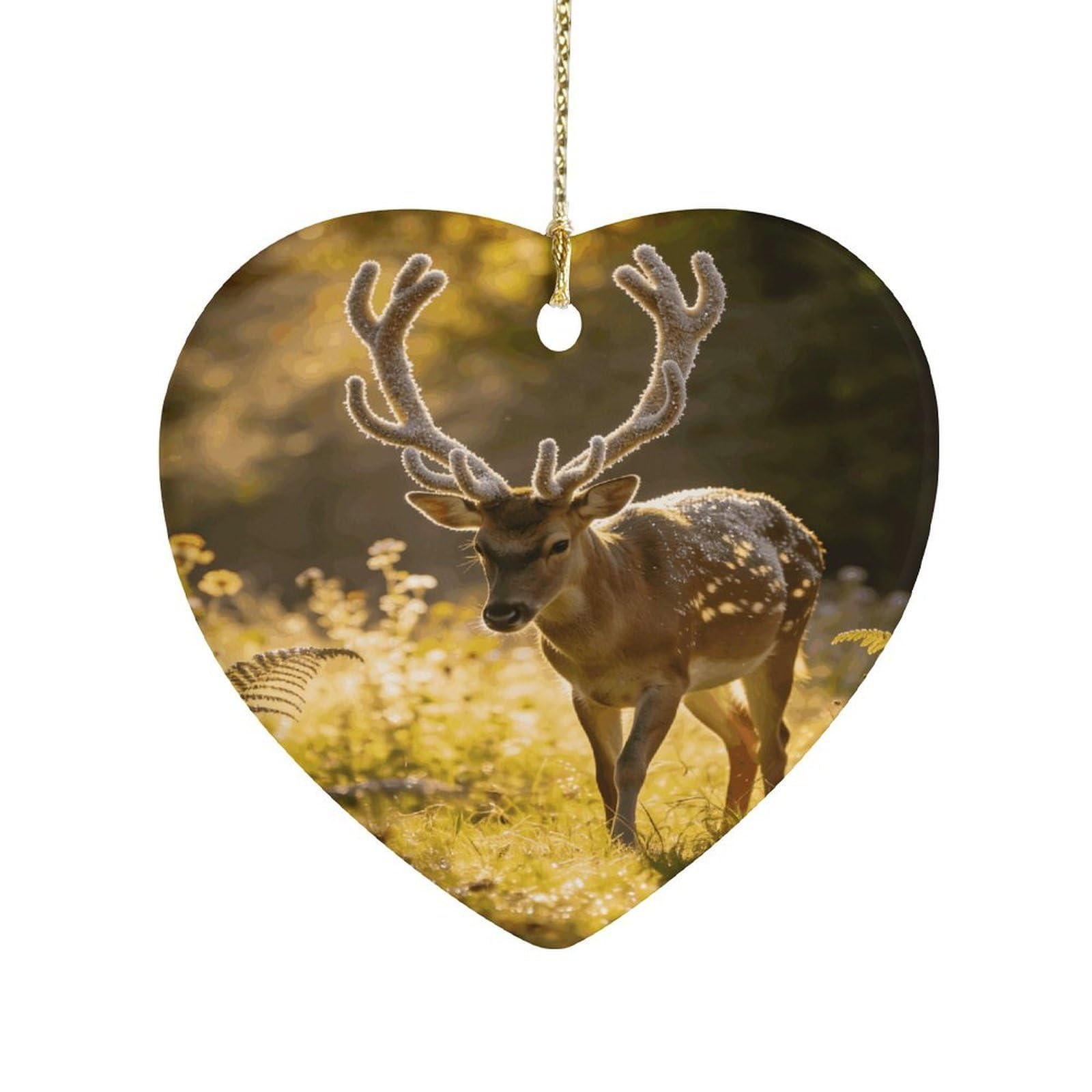 Khauerbc Style Graceful Deer With Antlers In Natureheart Shaped Ceramic Ornament With String,Ceramic Ornament,Two-Sided Printed For Christmas Tree And Holiday Decoration