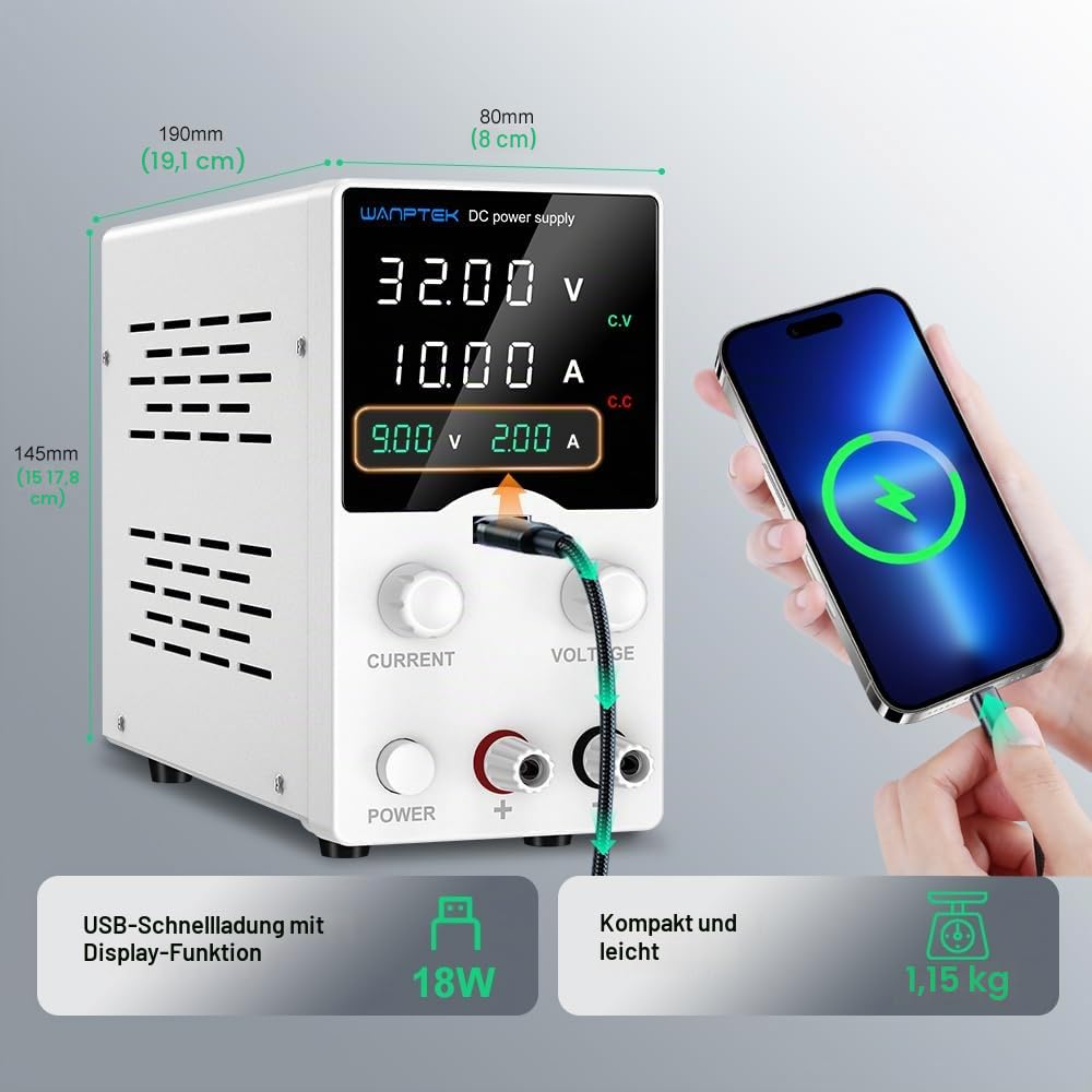 Labornetzteil 30V 10A Labornetzgerät mit 4 Stelliger LED-Anzeige Einstellbares Schaltnetzteil Geberknopf DC Regelbar Netzgerät mit USB-Schnellladung