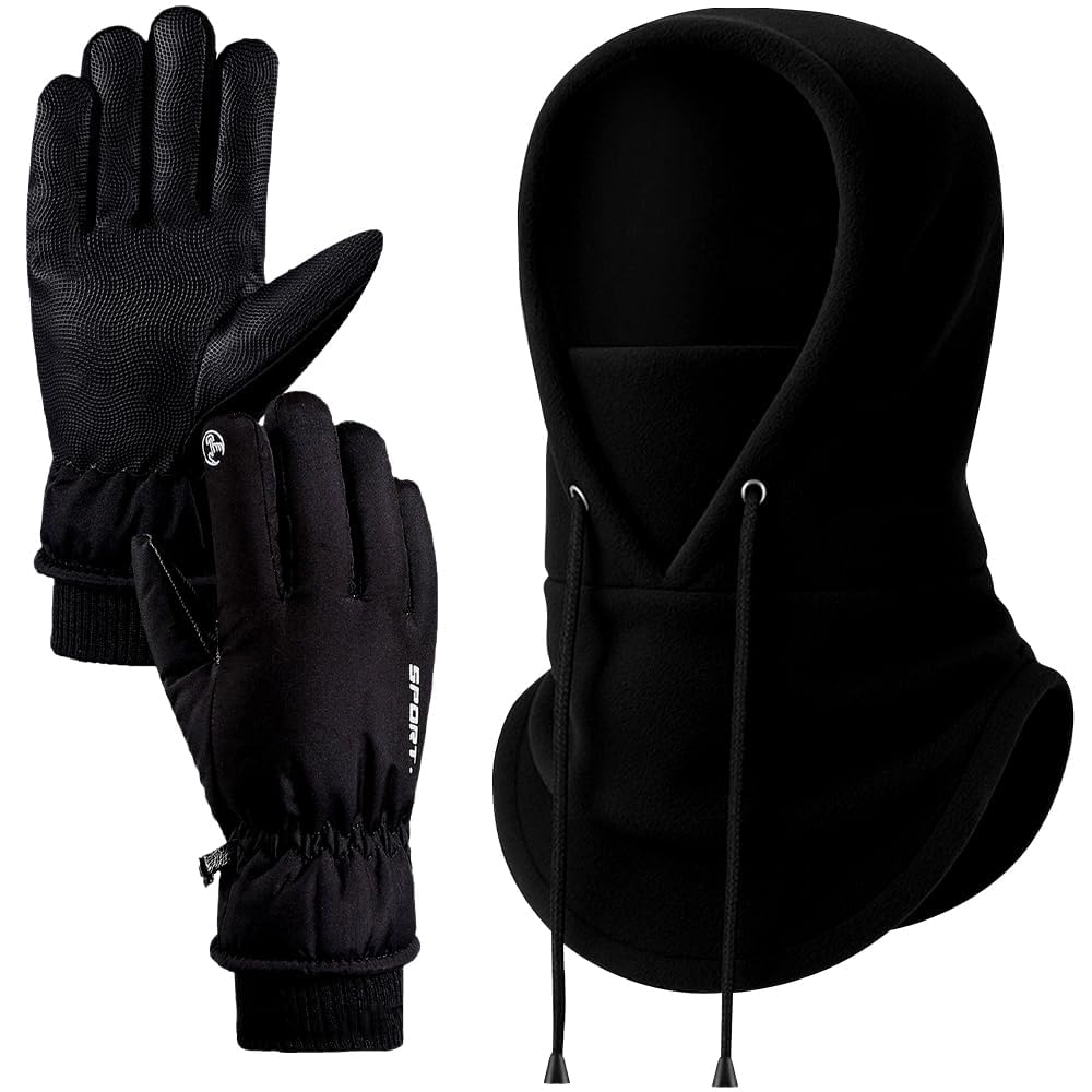 WFKKMEQ Winter Balaclava Gloves Set, Warm Face Mask Coldproof Touchscreen Ski Gloves Windproof Fleece Thermal Winter Scarf Mask Weather Anti Slip Ski Glove for Cycling Running Hiking Climbing Black