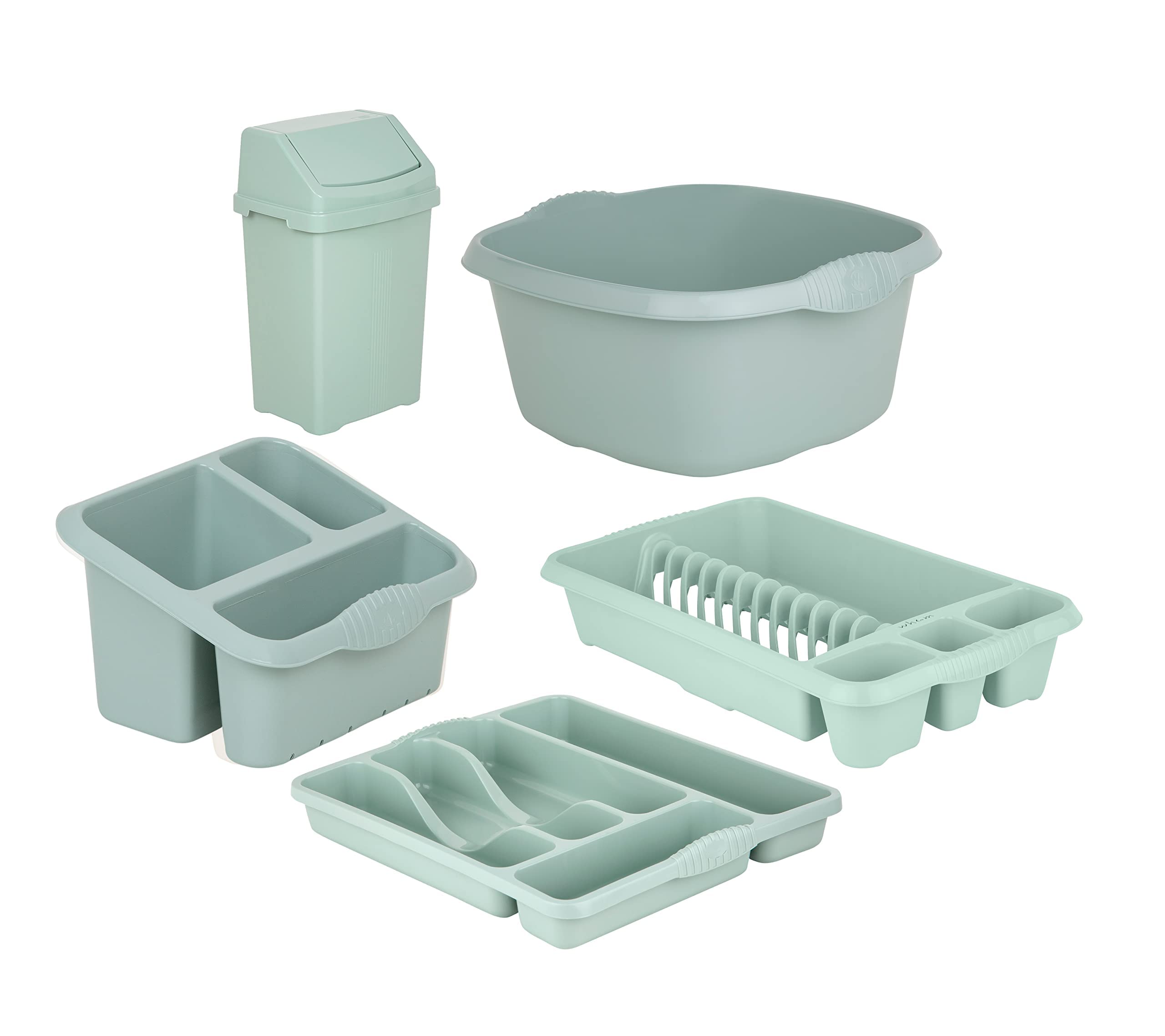 𝐊𝐢𝐭𝐜𝐡𝐞𝐧 𝐔𝐭𝐢𝐥𝐢𝐭𝐲 𝐒𝐞𝐭 Caravan Motorhome Camper Van Holiday Home - 8L Swing Bin + 32cm Square Washing up Bowl + Small Dish Drainer + Small Cutlery Tray + Sink Tidy (Silver Sage)