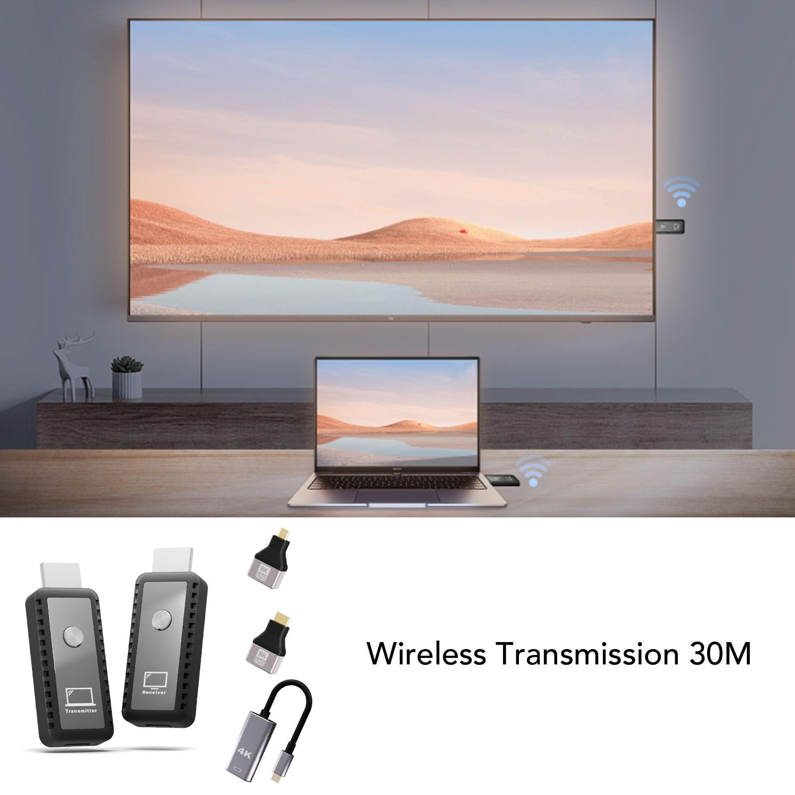 Yosoo Bezprzewodowy Interfejs HD Multimedia Extender, Transmisja 1080P 60Hz, Obsługa 4K 8K, Nadajnik i Odbiornik 30m, do Rozrywki, Konferencji, Demonstracji, Projekcji