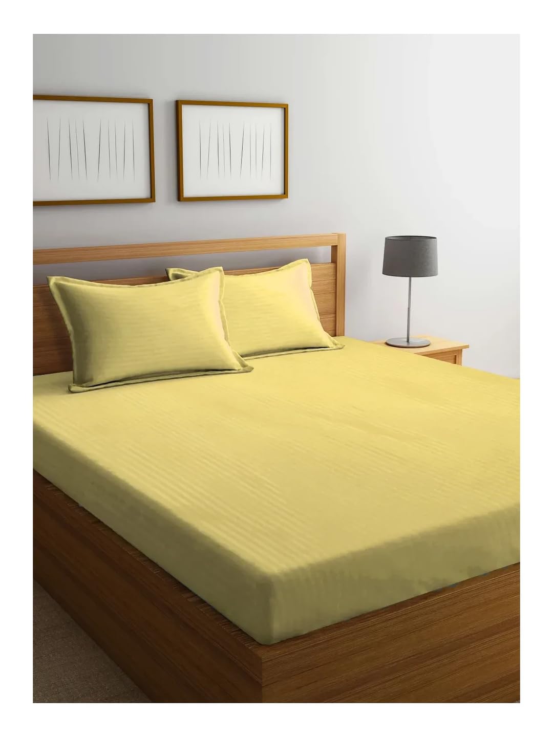 Klotthe Yellow Striped 300 TC Cotton Blend Double Bedsheet in Book Fold Packing