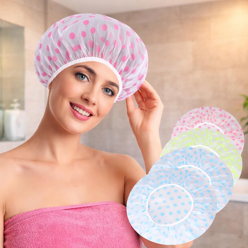 Reusable Waterproof Shower Cap for Women | EVA Free Size Elastic Bath Cap | Hair Protection for Shower, Spa, Salon & Makeup Use | Leak-Proof Multicolor Polka Dot Hair Cover (Pack of 6)-image-10