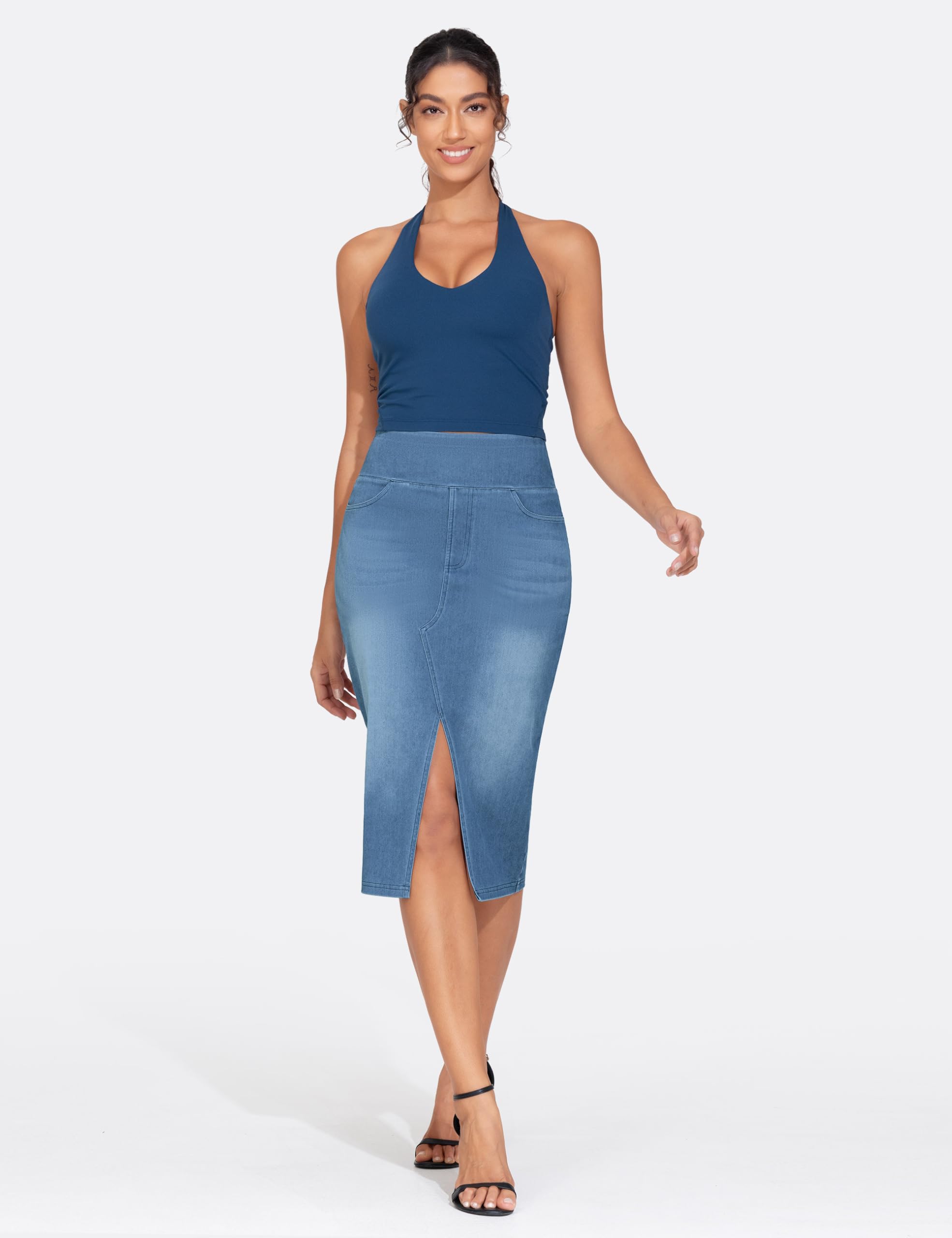 THE GYM PEOPLE Gonna da donna in jeans elasticizzata a vita alta, con spacco frontale, gonna midi in denim con tasche