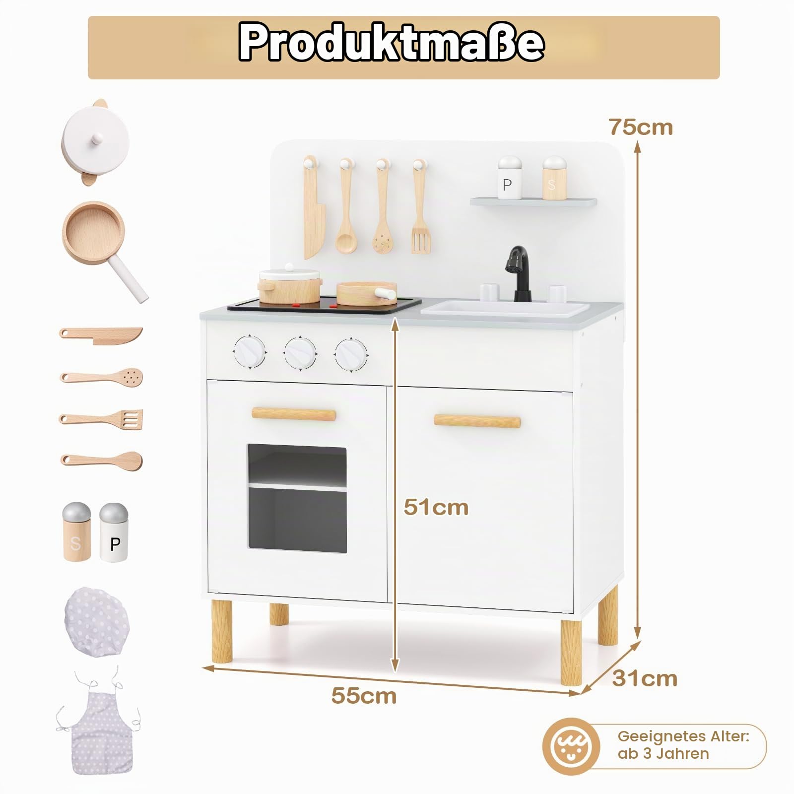 HOMASIS Kinderküche mit Licht & Sound, Spielküche aus Holz mit 10 Spielzubehör, Spielzeugküche mit Spüle Herd Backofen, Holzküche Miniküche Küchenspielset für Kinder ab 2 Jahre (Weiß)