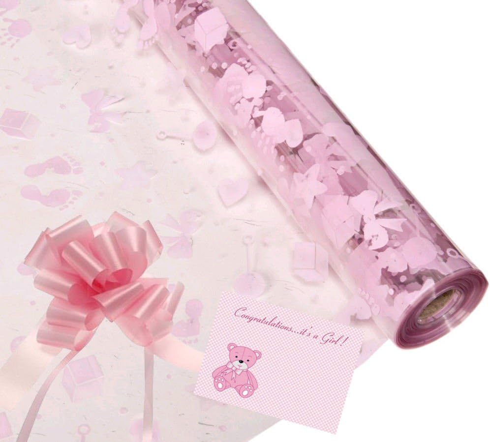 Baby Girl Cellophane Gift Wrap Hampers Florist Baby Shower + Free Pull Bow, Curling Ribbon & Card (3 Metre, Pink Ribbon, Pink Pull Bow)