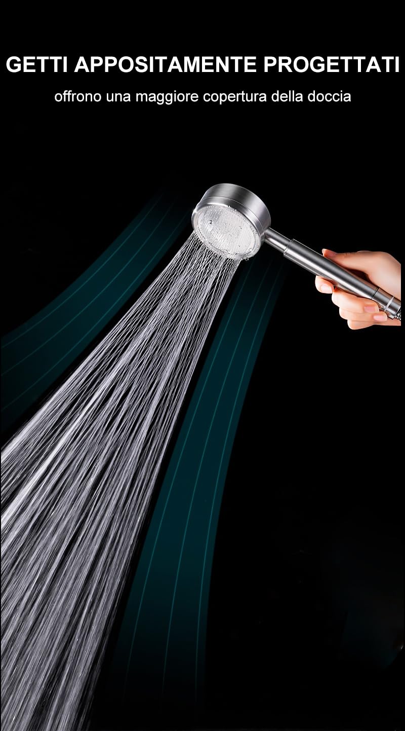 Soffione Doccia STOAT Alta Pressione - Acciaio Inox 304 Con Tubo 1,5 M, Nero - Foto 6