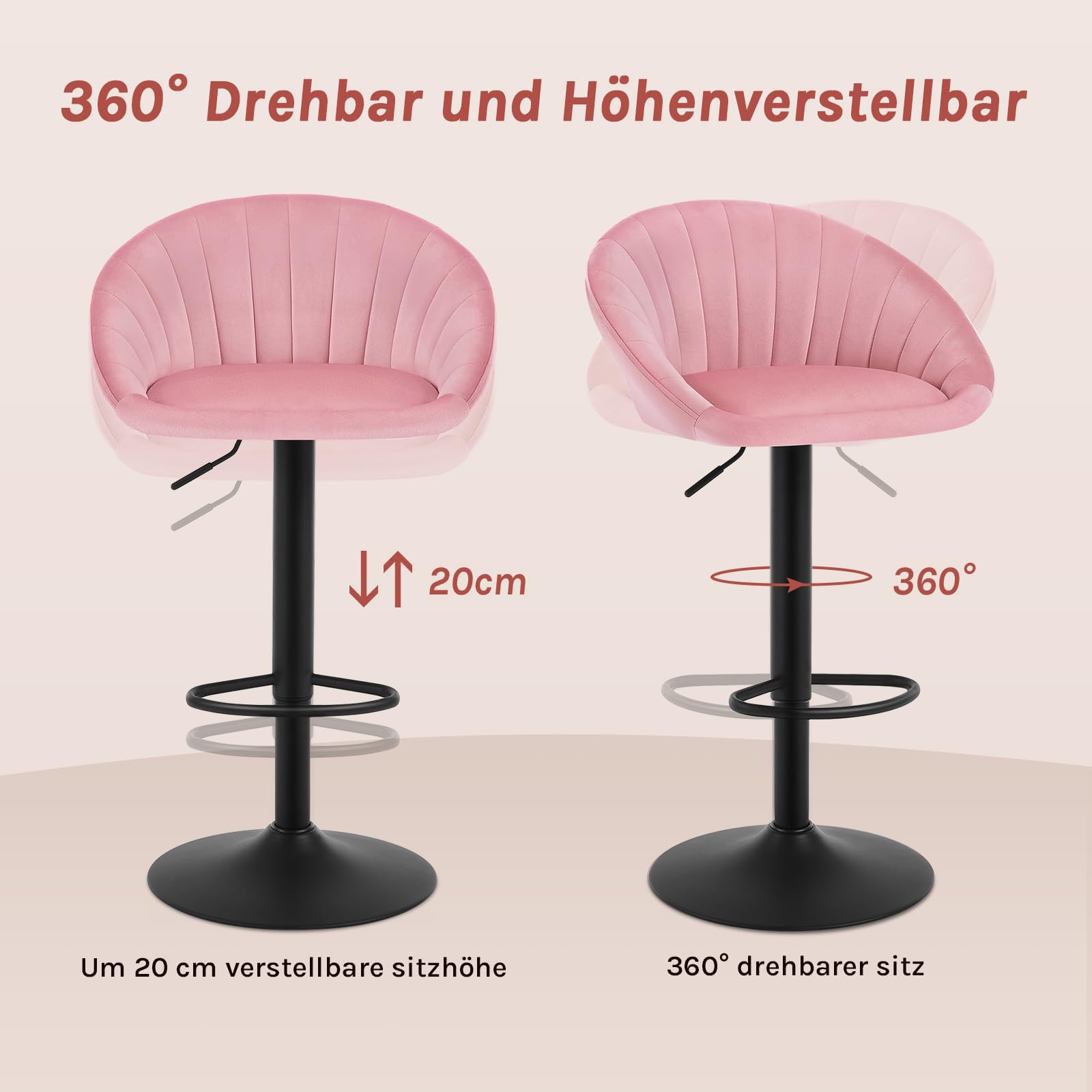 WOLTU Barhocker 2er Set, Barstuhl Höhenverstellbar, Samt-Bezug, Rosa