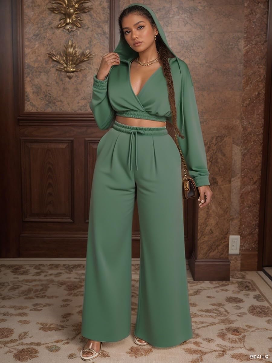 Sweat Suit Women 2 Piece Set 2025 Casual Long Sleeve V Neck Crop Hoodie Loose Wide Leg Sweatpants Fall Tracksuit - Image 2