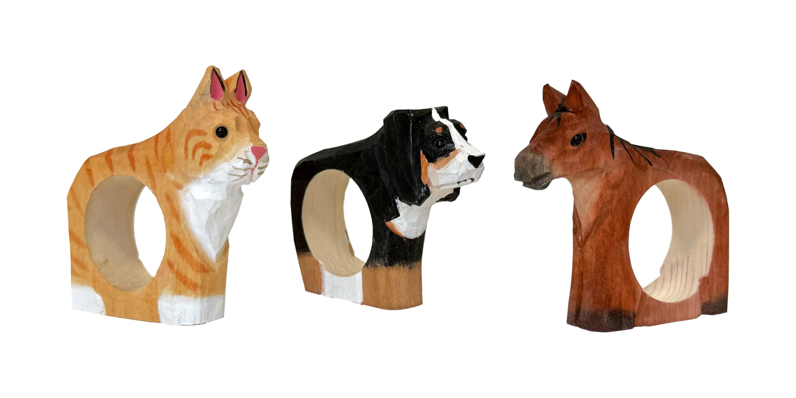 your castle Napkin Rings, Hand Carved, Animal Design, Cat, Dog, Horse, Set of 3, Made of Wood, Hand-Painted, Versatile