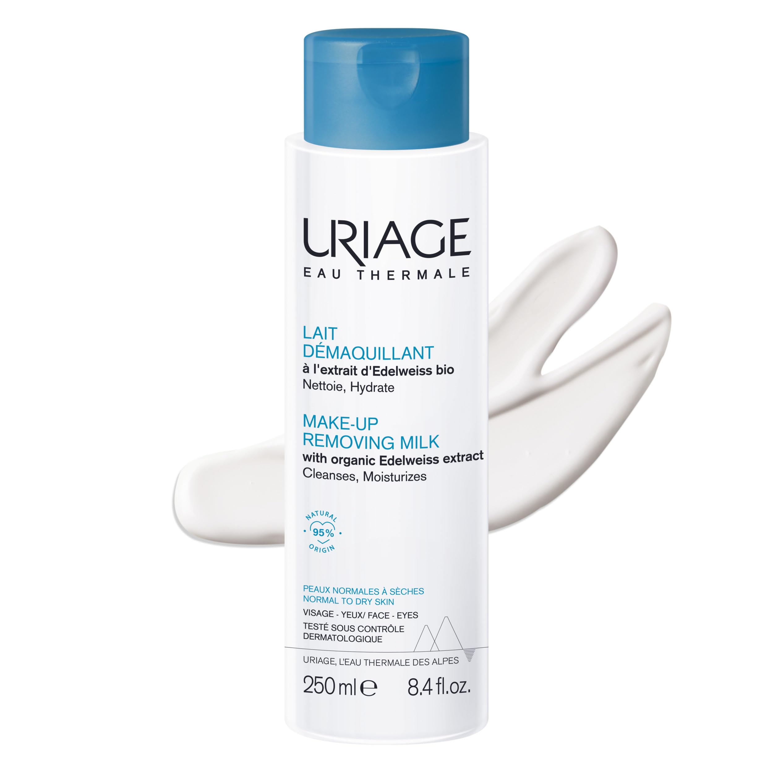 Uriage Lait Démaquillant avec Edelweiss Biologique - Visage et yeux - Nettoie, hydrate et adoucit la peau - Parfum fruité et floral - Haute tolérance - 95% d’ingrédients d’origine naturelle - 250 ml