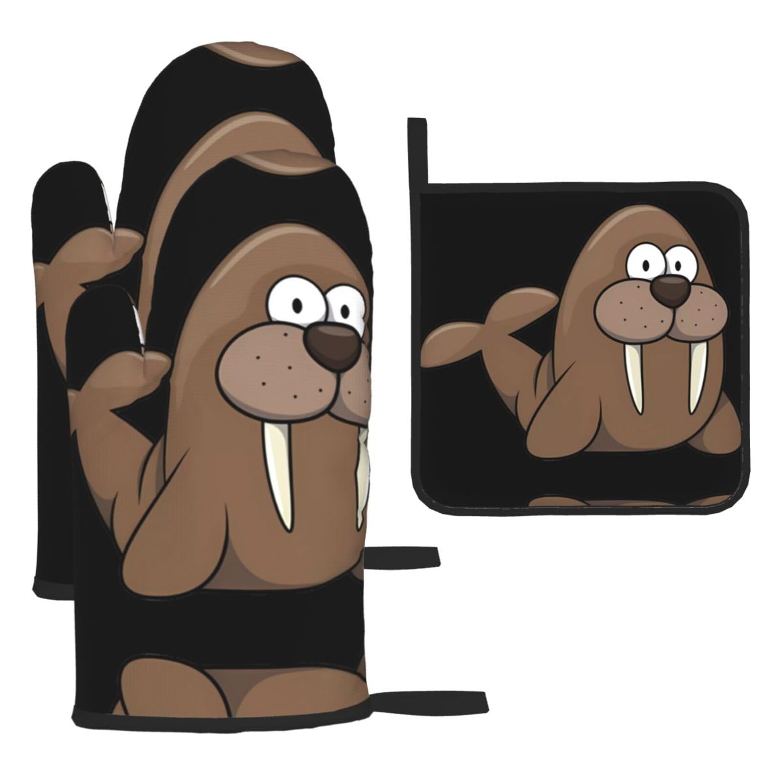 Walrus Printed Oven Mitt Set 3-Piece | Heat Resistant Gloves & Pot Holder Mat for Cooking, Baking & BBQ
