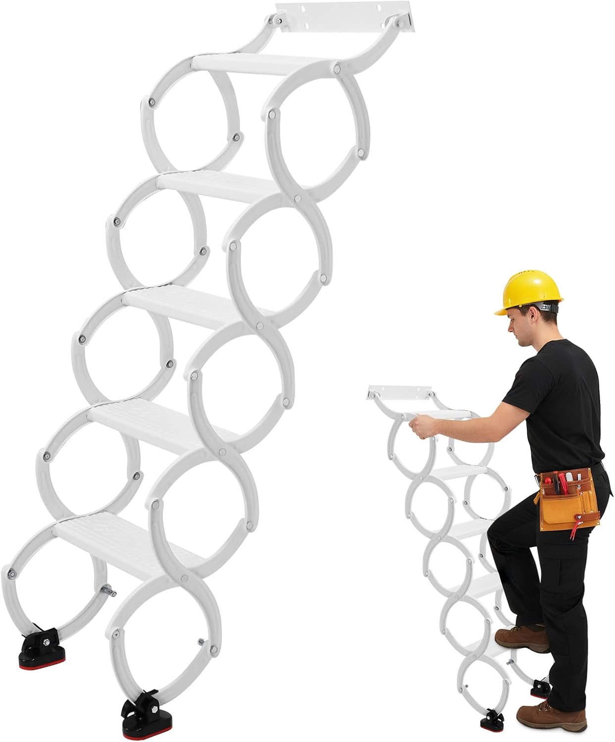 5-8 Steps Wall Mounted Folding Ladder Anti-Slip Steps Attic Ladder Pull Down System 49.21in-78.74in Vertical Height for RV Storehouse