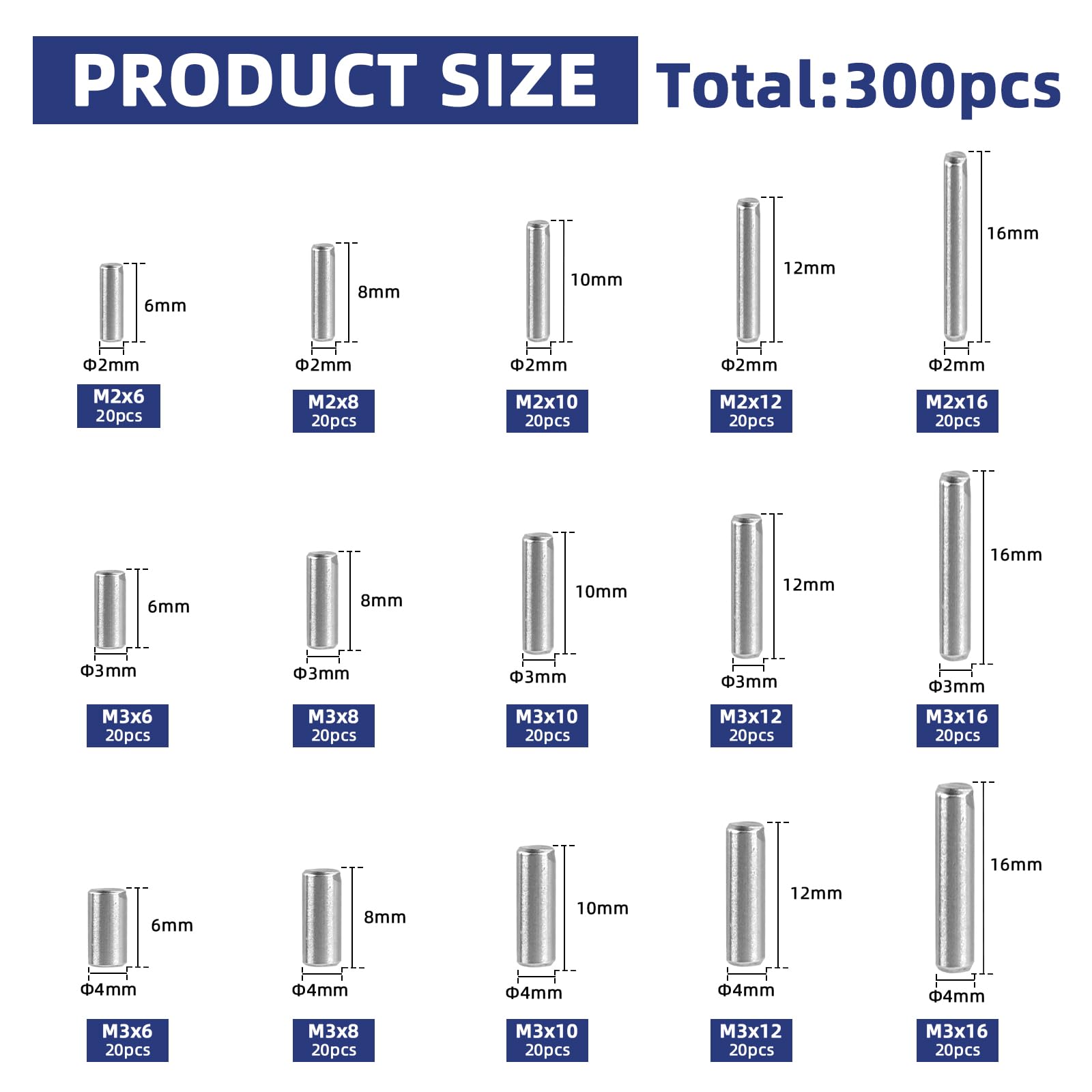 SUPAWAY Pack of 300 Cylinder Pins M2 M3 M4 Cylindrical Metal Pins 304 Stainless Steel Cylinder Pin - Image 2