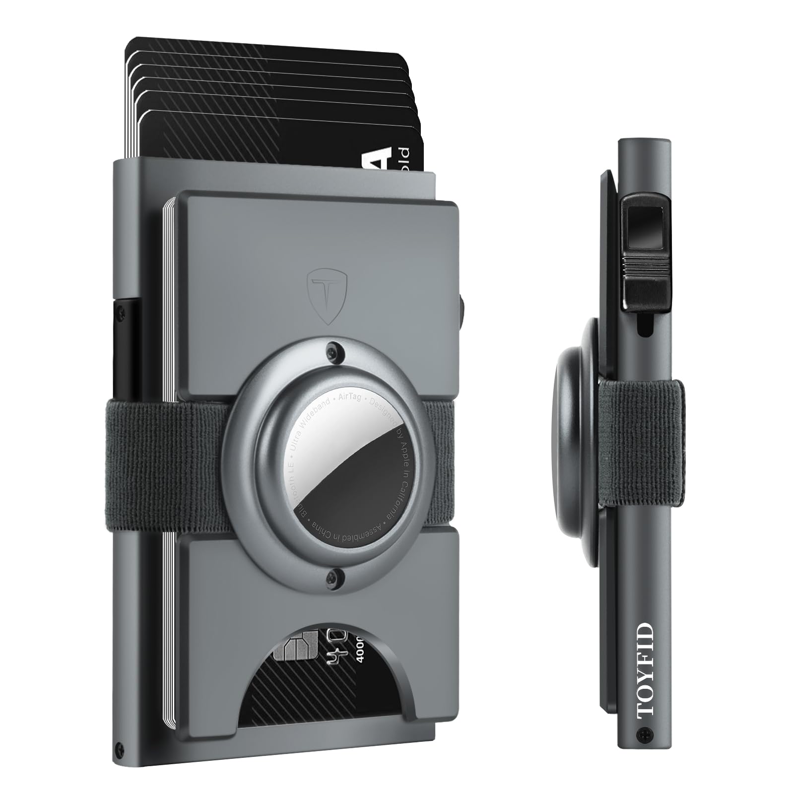 TOYFID Graues Aluminium Kartenetui, für AirTag | Kartenetui mit Auswurftaste für 12 Karten & Scheine. RFID-Blocking. Kompaktes Alu-Gehäuse. Kompatibel mit AirTag.